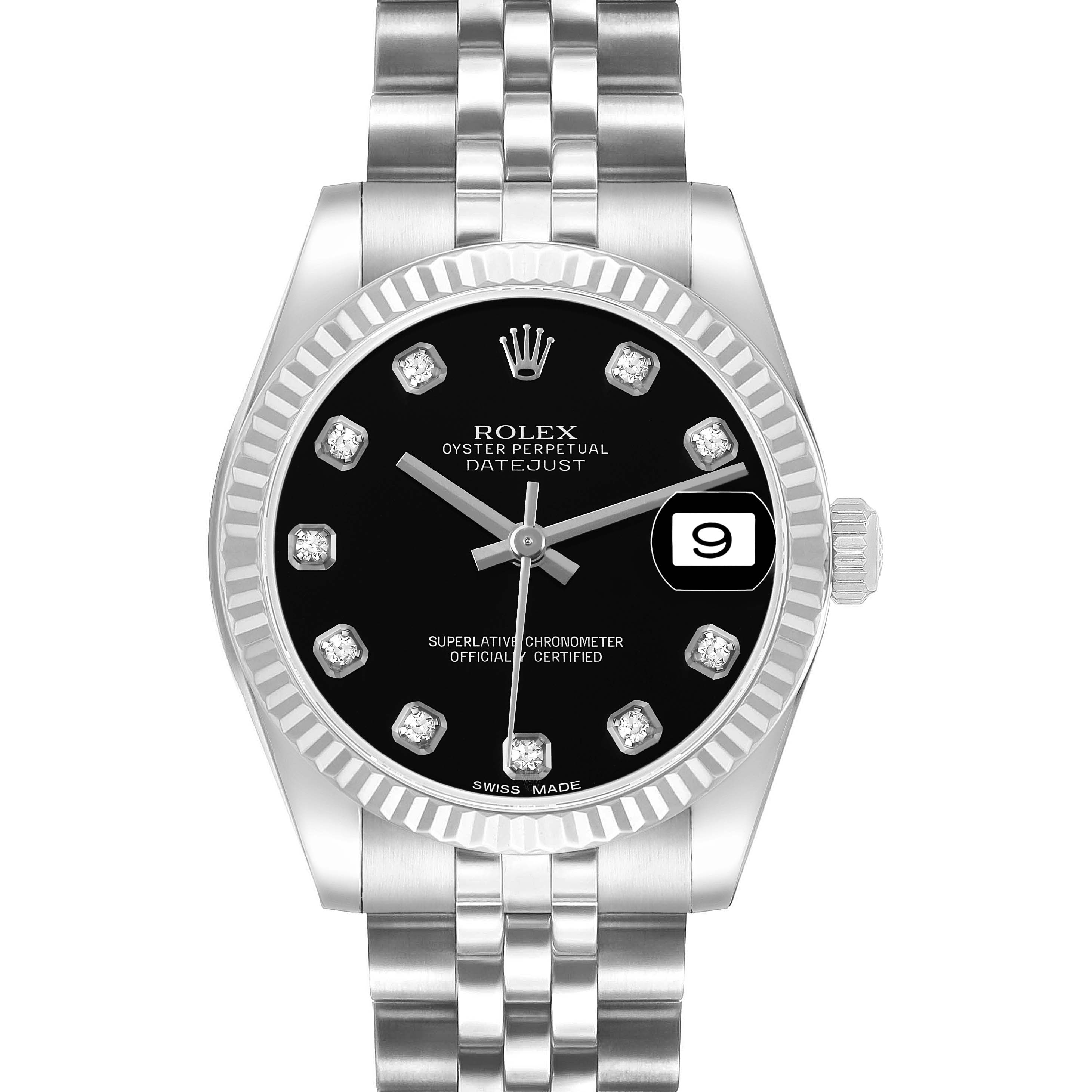 The Rolex Datejust Mid-Size watch is shown from the front, displaying the face, bezel, crown, and bracelet.