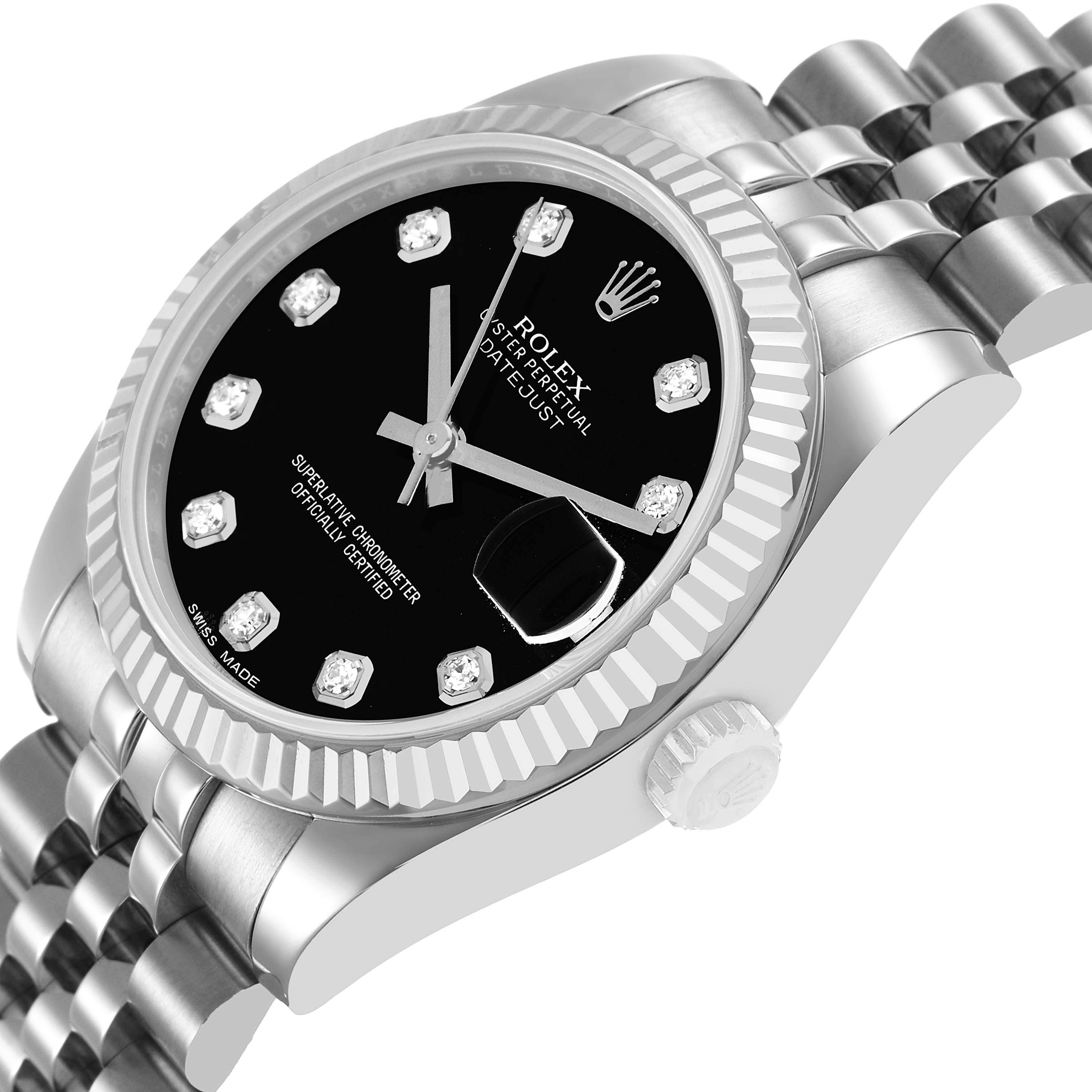 The image shows a Rolex Mid-Size 178274 Women's Stainless Steel Black Dial watch at a side angle, highlighting the black dial, date window, fluted bezel, and bracelet links.