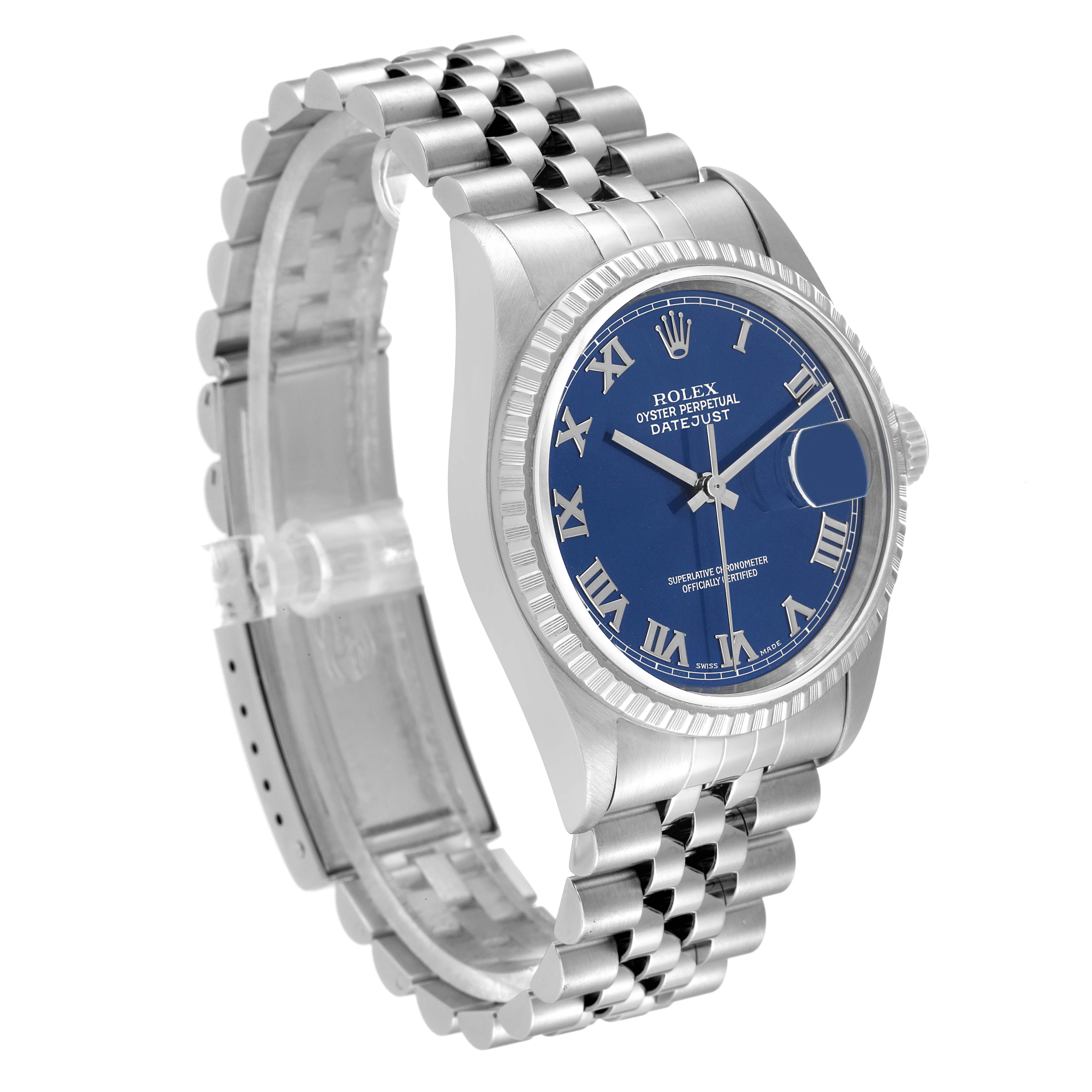The image shows a side angle of a Rolex Datejust 16220 Men's Stainless Steel Blue Dial 16220 Men's Stainless Steel Blue Dial watch, featuring its blue dial, fluted bezel, and jubilee bracelet.