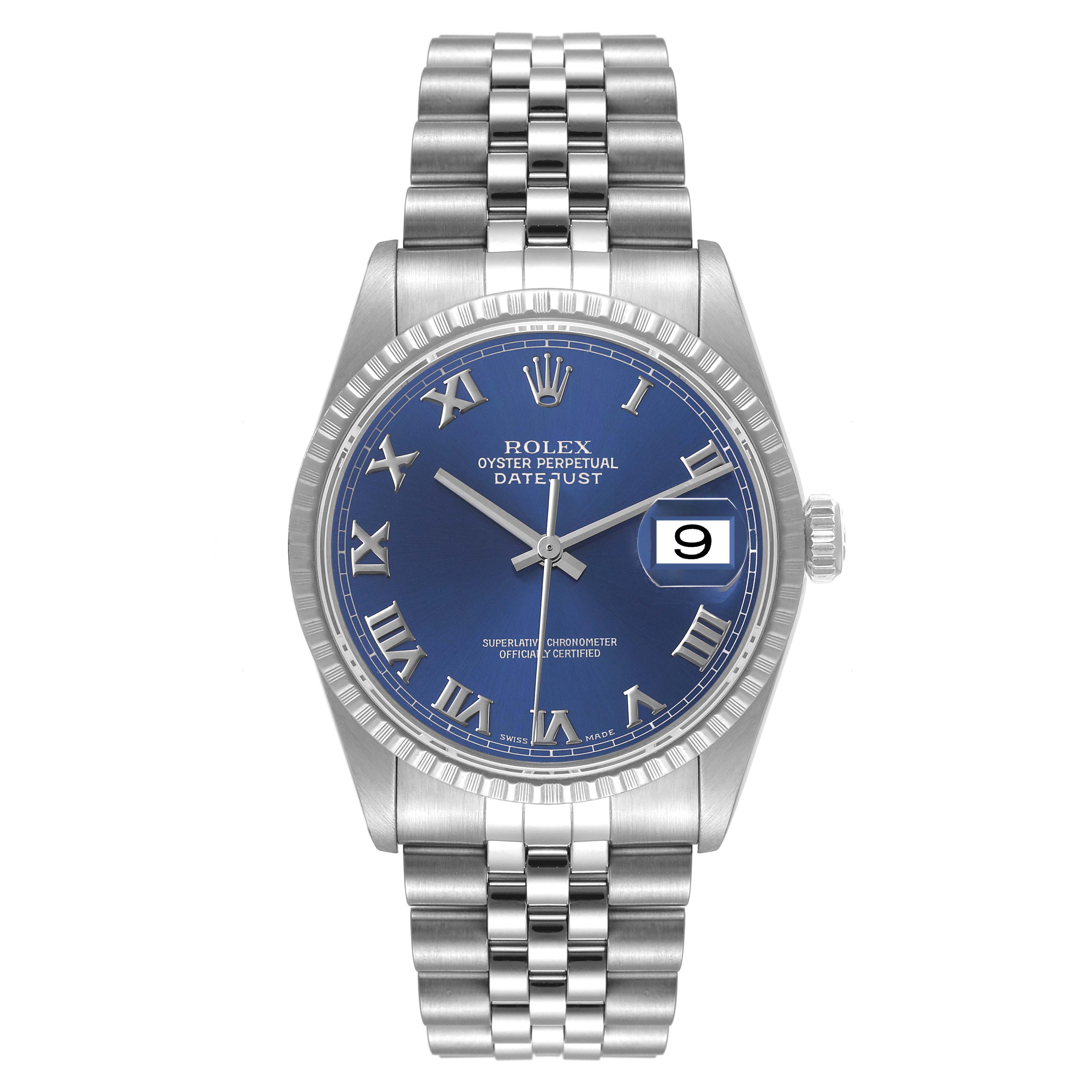 The Rolex Datejust 16220 Men's Stainless Steel Blue Dial 16220 Men's Stainless Steel Blue Dial watch is shown from the front, displaying its blue dial, Roman numeral hour markers, date window, and Jubilee bracelet.