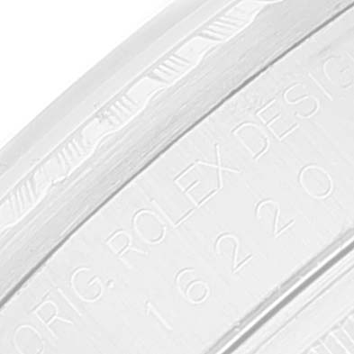 This close-up image shows the engraved inner bezel or rehaut of a Rolex Datejust 16220 Men's Stainless Steel Blue Dial 16220 Men's Stainless Steel Blue Dial watch.