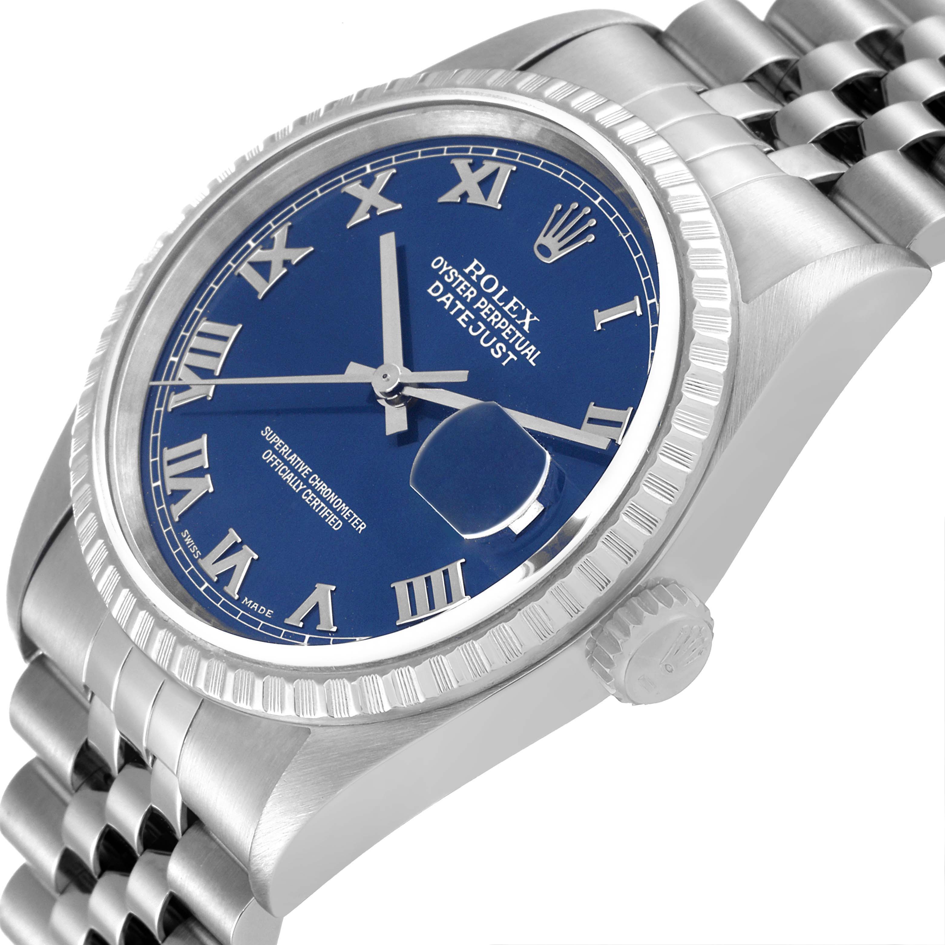 This is a close-up angled view of a Rolex Datejust 16220 Men's Stainless Steel Blue Dial 16220 Men's Stainless Steel Blue Dial watch, showing the blue dial, bezel, crown, and part of the bracelet.