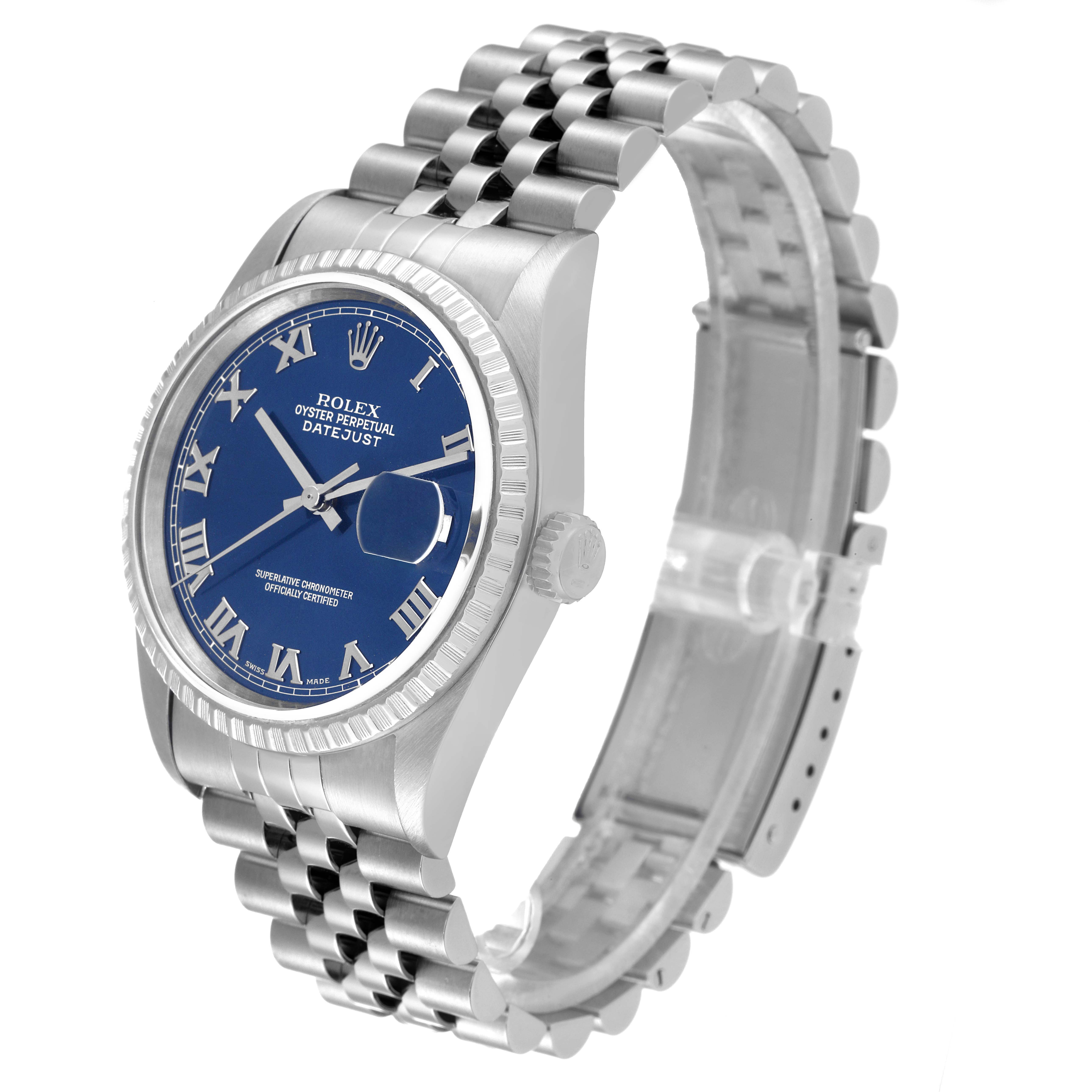 The Rolex Datejust 16220 Men's Stainless Steel Blue Dial 16220 Men's Stainless Steel Blue Dial model is shown at a three-quarter angle, displaying the blue dial, fluted bezel, crown, and Jubilee bracelet.