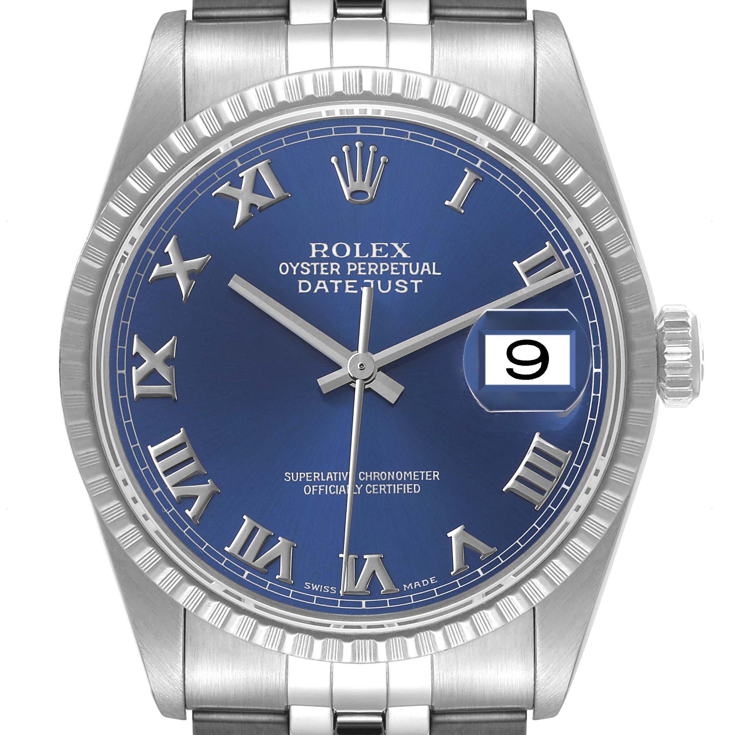 This Rolex Datejust 16220 Men's Stainless Steel Blue Dial 16220 Men's Stainless Steel Blue Dial watch is shown from the front, highlighting the blue dial, Roman numerals, date window, and part of the bracelet.