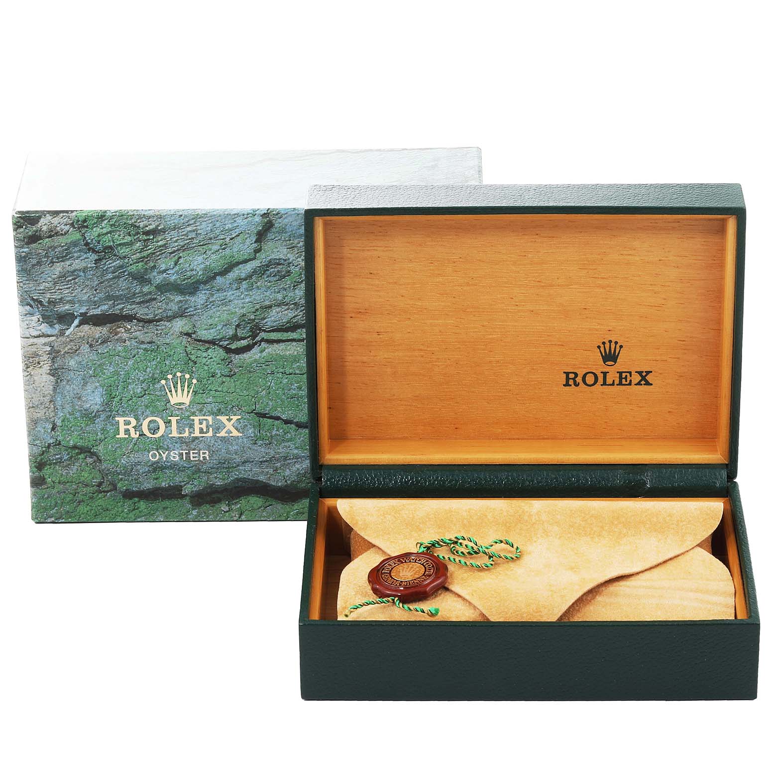 The image shows a Rolex Datejust 16220 Men's Stainless Steel Blue Dial 16220 Men's Stainless Steel Blue Dial box and packaging, featuring the inner box and branded tag.