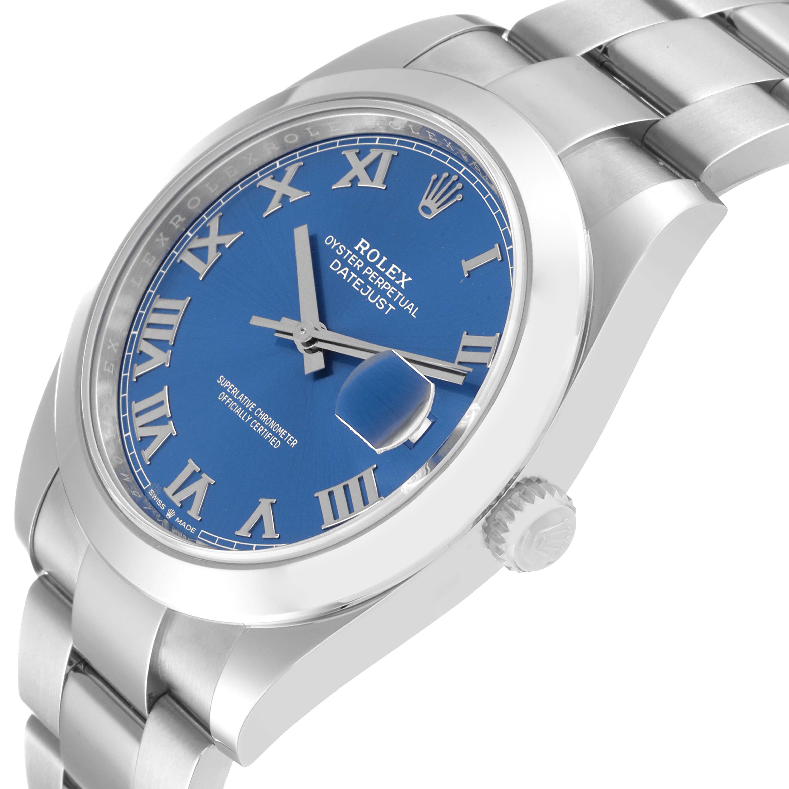 The image shows a side angle of the Rolex Datejust 41 126300 Men's Stainless Steel Blue Dial 126300 Men's Stainless Steel Blue Dial watch, featuring the case, dial, crown, and part of the bracelet.