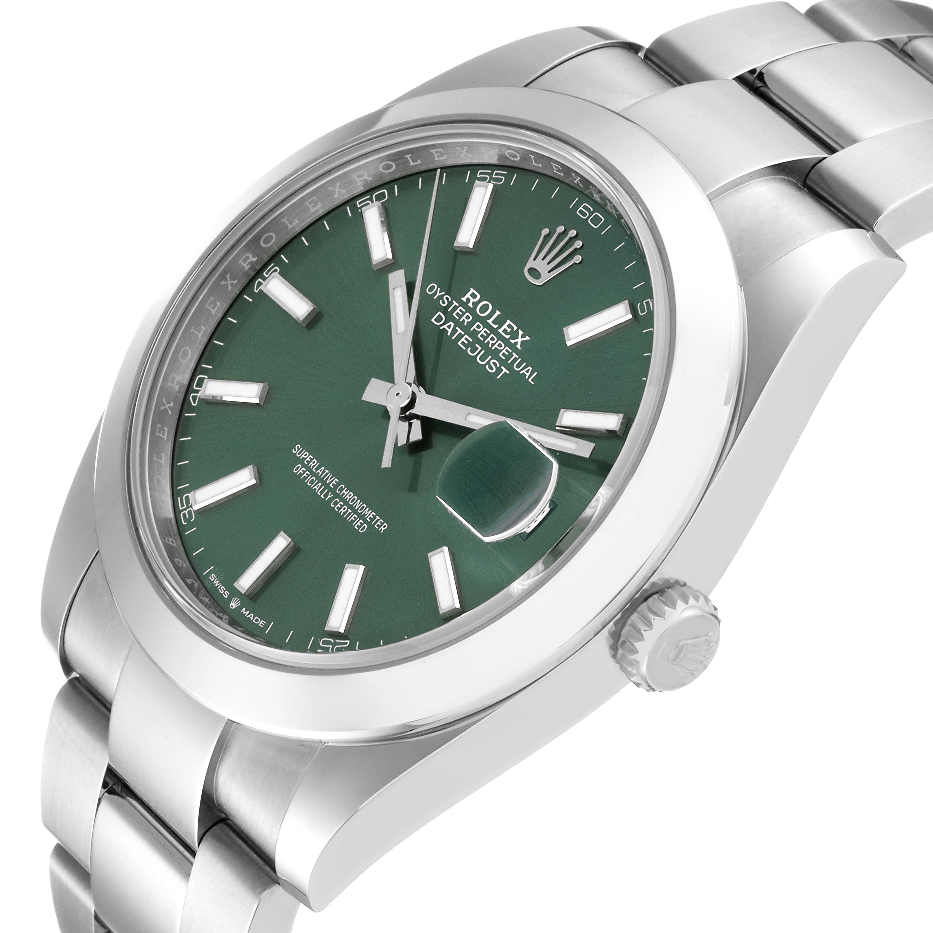 The image shows a Rolex Datejust 41 126300 Men
s Stainless Steel Green Dial 126300 Men
s Stainless Steel Green Dial watch from an angled view, highlighting its green dial, bracelet, and crown.