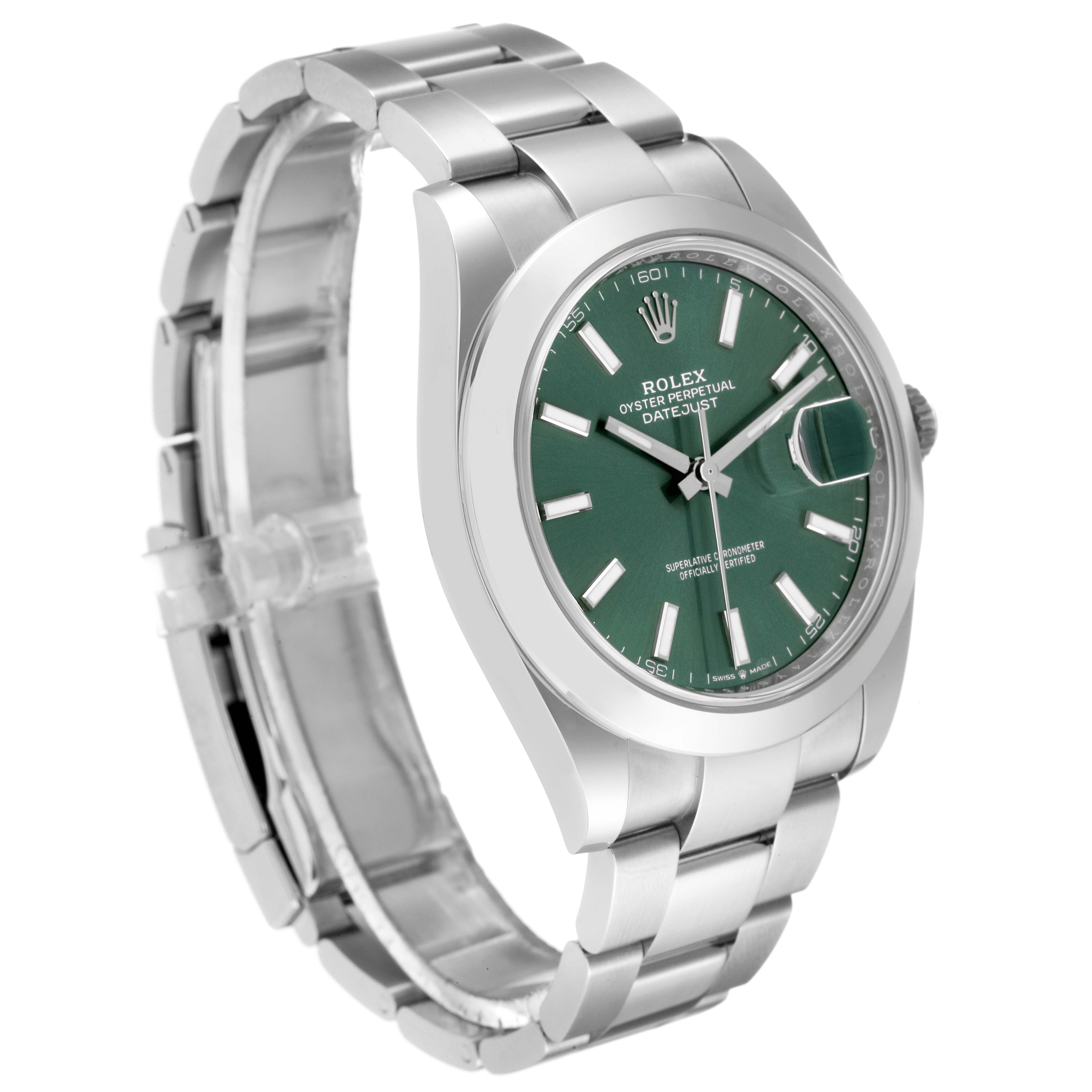 This image shows a green-faced Rolex Datejust 41 126300 Men
s Stainless Steel Green Dial 126300 Men
s Stainless Steel Green Dial watch from a side angle, highlighting the bracelet and watch face.
