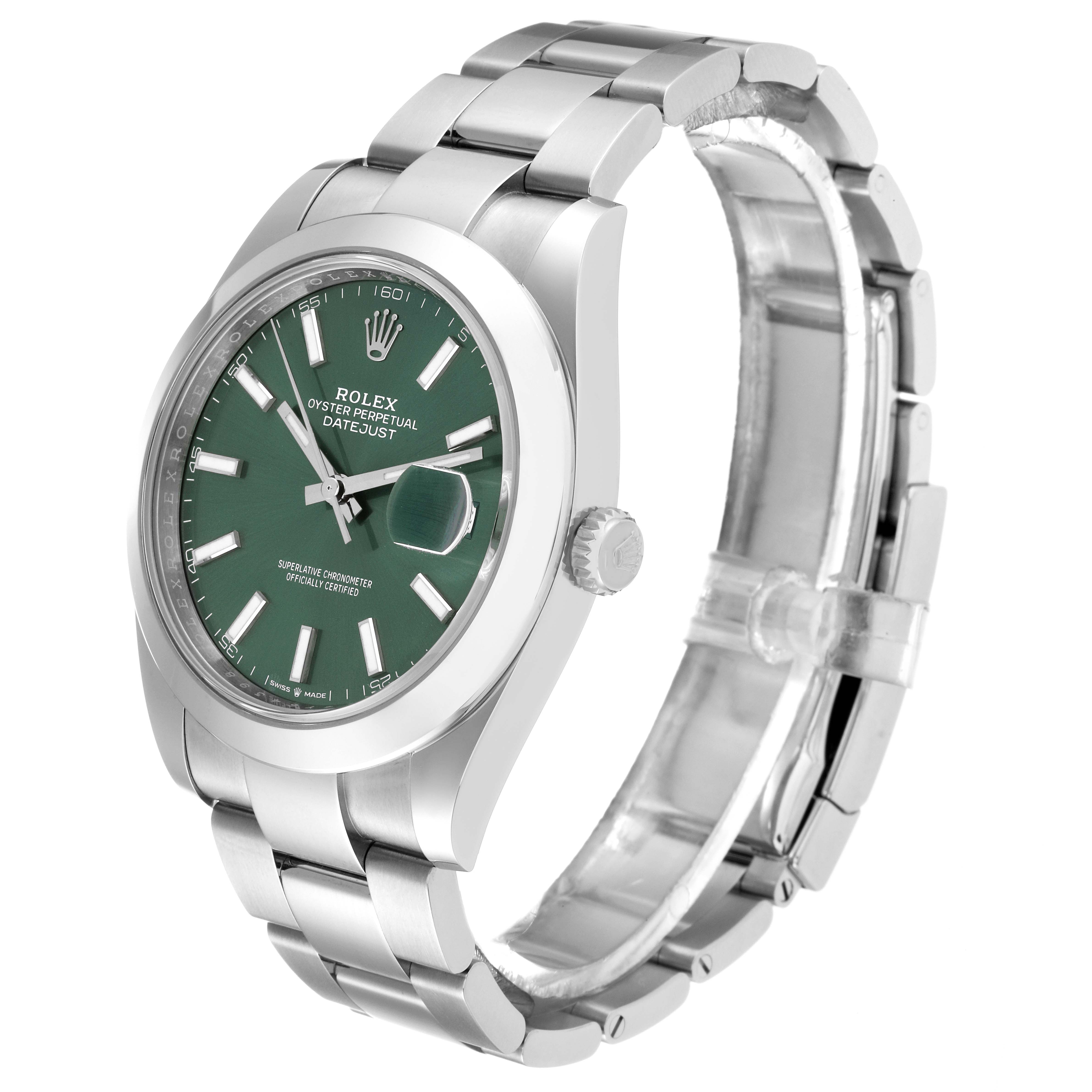 The Rolex Datejust 41 126300 Men
s Stainless Steel Green Dial 126300 Men
s Stainless Steel Green Dial model watch is shown at a three-quarter angle, highlighting its green dial, case, and bracelet.