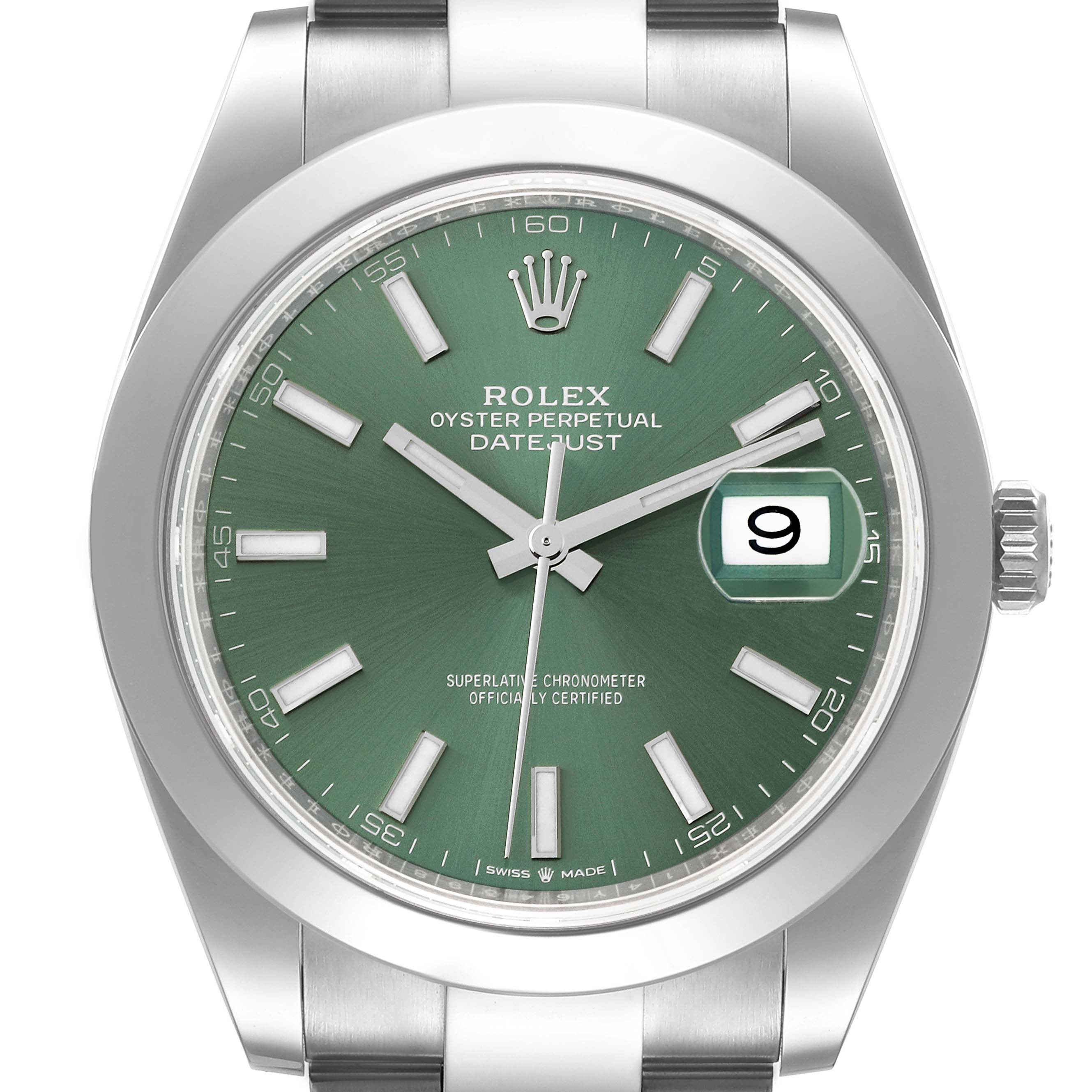 The image shows a frontal view of a Rolex Datejust 41 126300 Men
s Stainless Steel Green Dial 126300 Men
s Stainless Steel Green Dial watch with a green dial and date display at 3 o
clock.