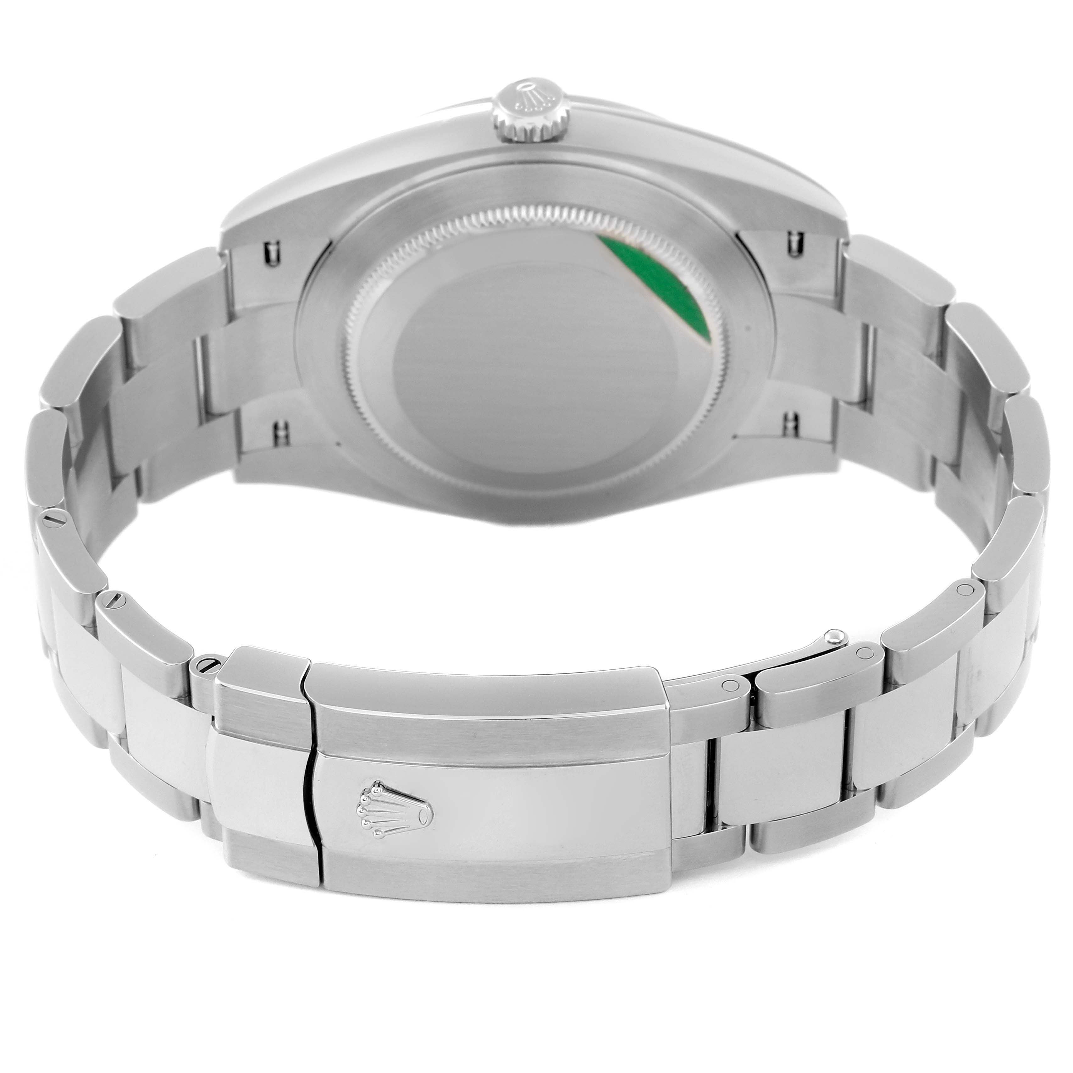 This image shows the back view of the Rolex Datejust 41 126300 Men
s Stainless Steel Green Dial 126300 Men
s Stainless Steel Green Dial watch, highlighting the case back, crown, and metal bracelet with the clasp.