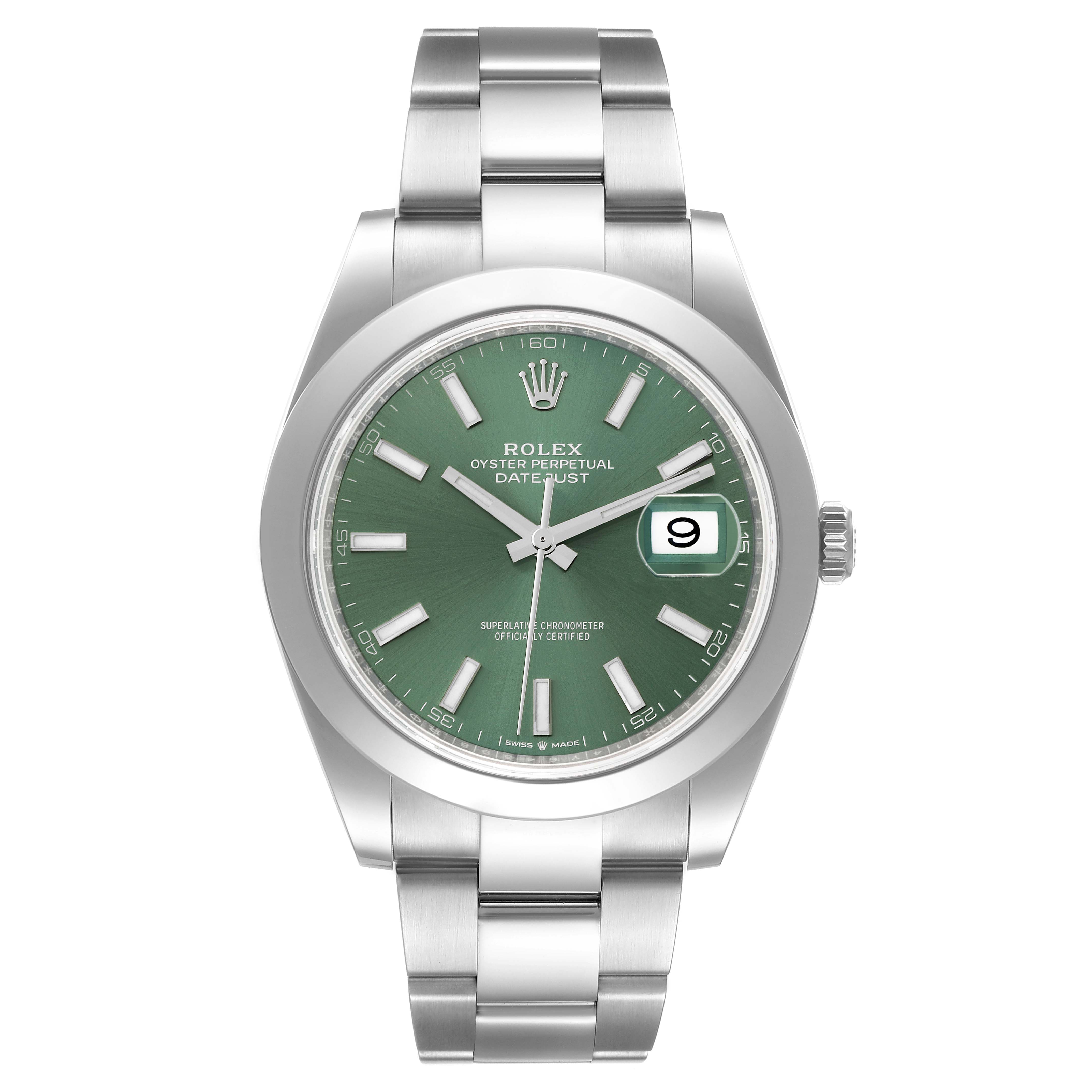 This image shows a frontal view of a Rolex Datejust 41 126300 Men
s Stainless Steel Green Dial 126300 Men
s Stainless Steel Green Dial watch, featuring a green dial and a stainless steel band.