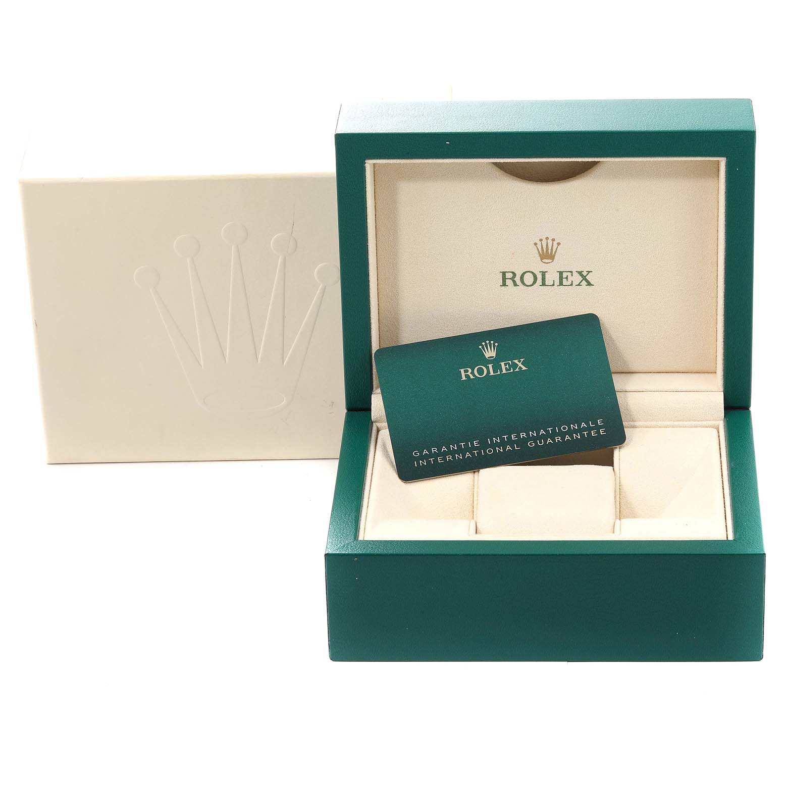 The image shows an open Rolex box for the Datejust 41 model, along with a guarantee card.