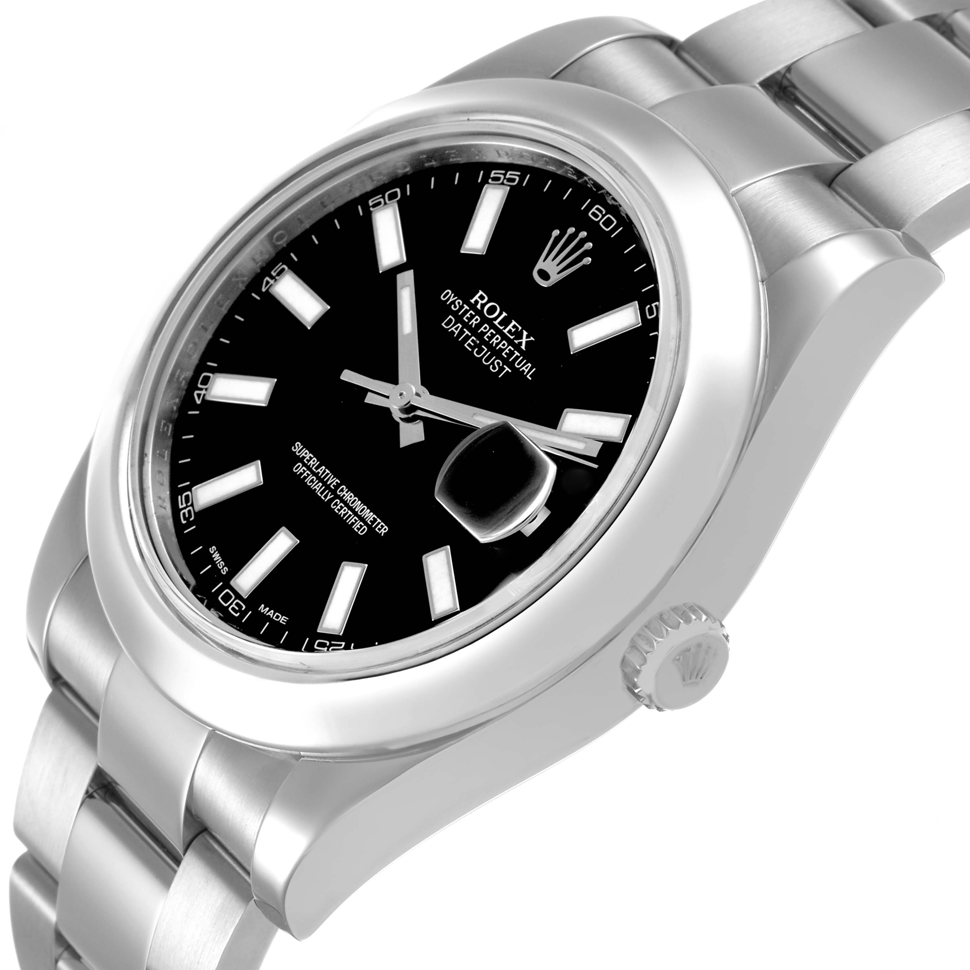 The Rolex Datejust 41 116300 Men's Stainless Steel Black Dial is shown at an angle featuring the dial, bezel, and bracelet.