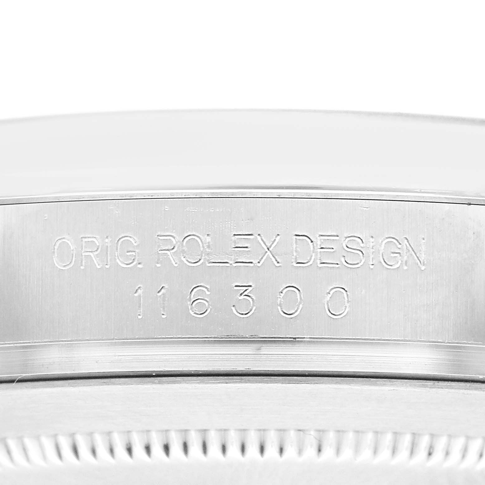 The image shows the side view of the case with "ORIG. ROLEX DESIGN" and model number engraved on the Rolex Datejust 41 116300 Men's Stainless Steel Black Dial.