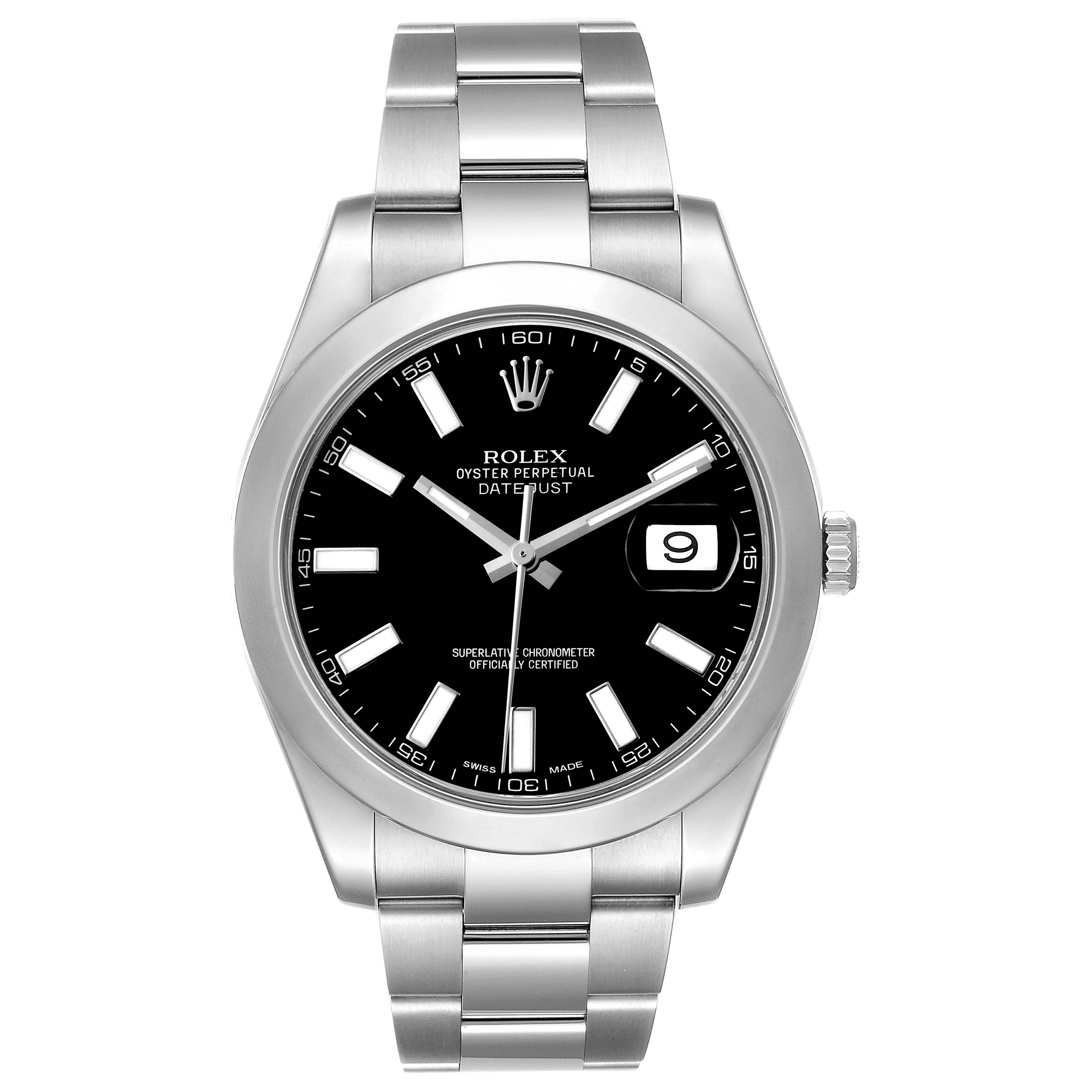 The Rolex Datejust 41 116300 Men's Stainless Steel Black Dial is shown from a front angle, displaying the dial, bezel, case, and bracelet.