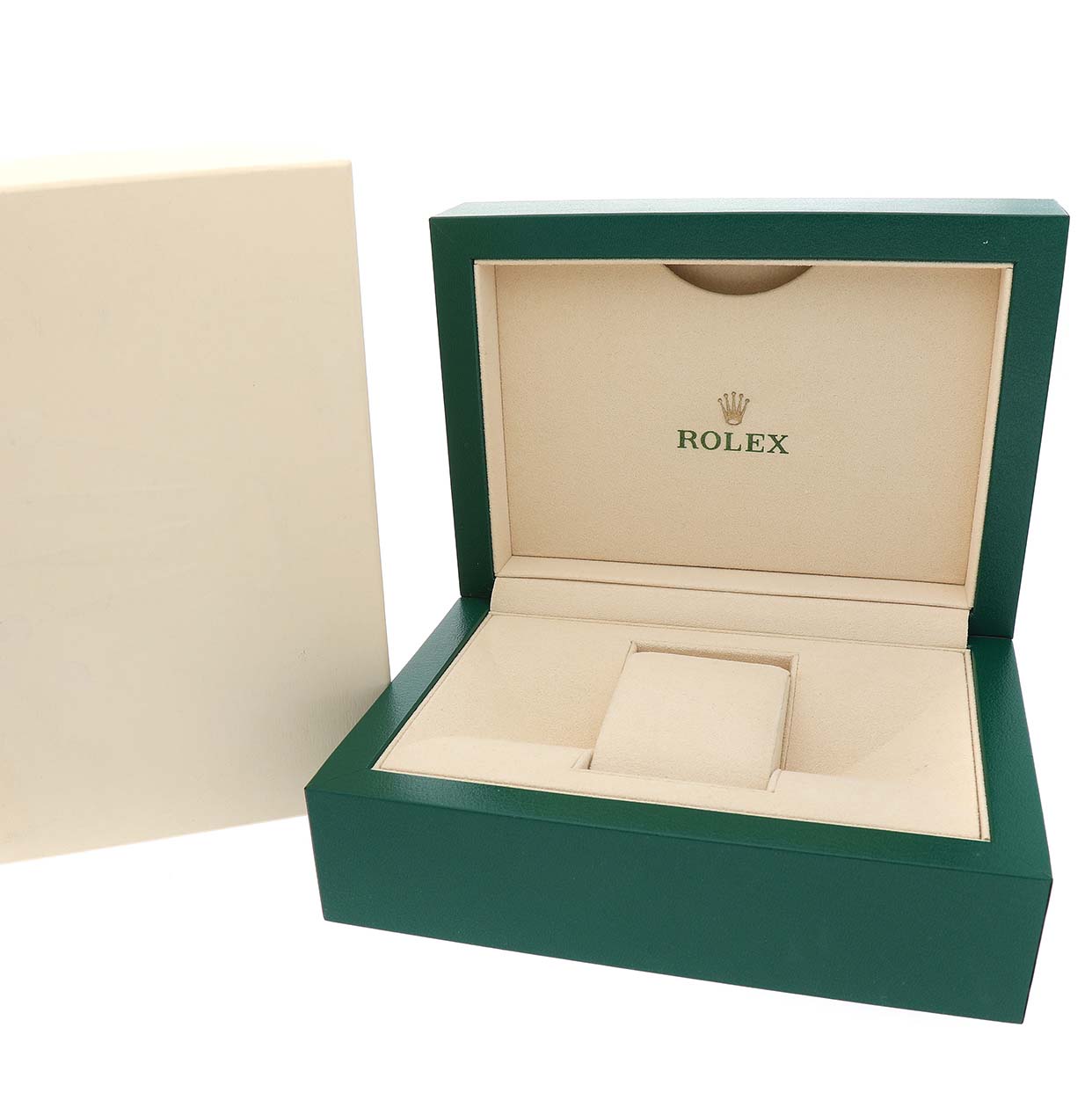 The image shows the open box for a Rolex Datejust 41 116300 Men's Stainless Steel Black Dial, featuring its signature green and beige interior design.