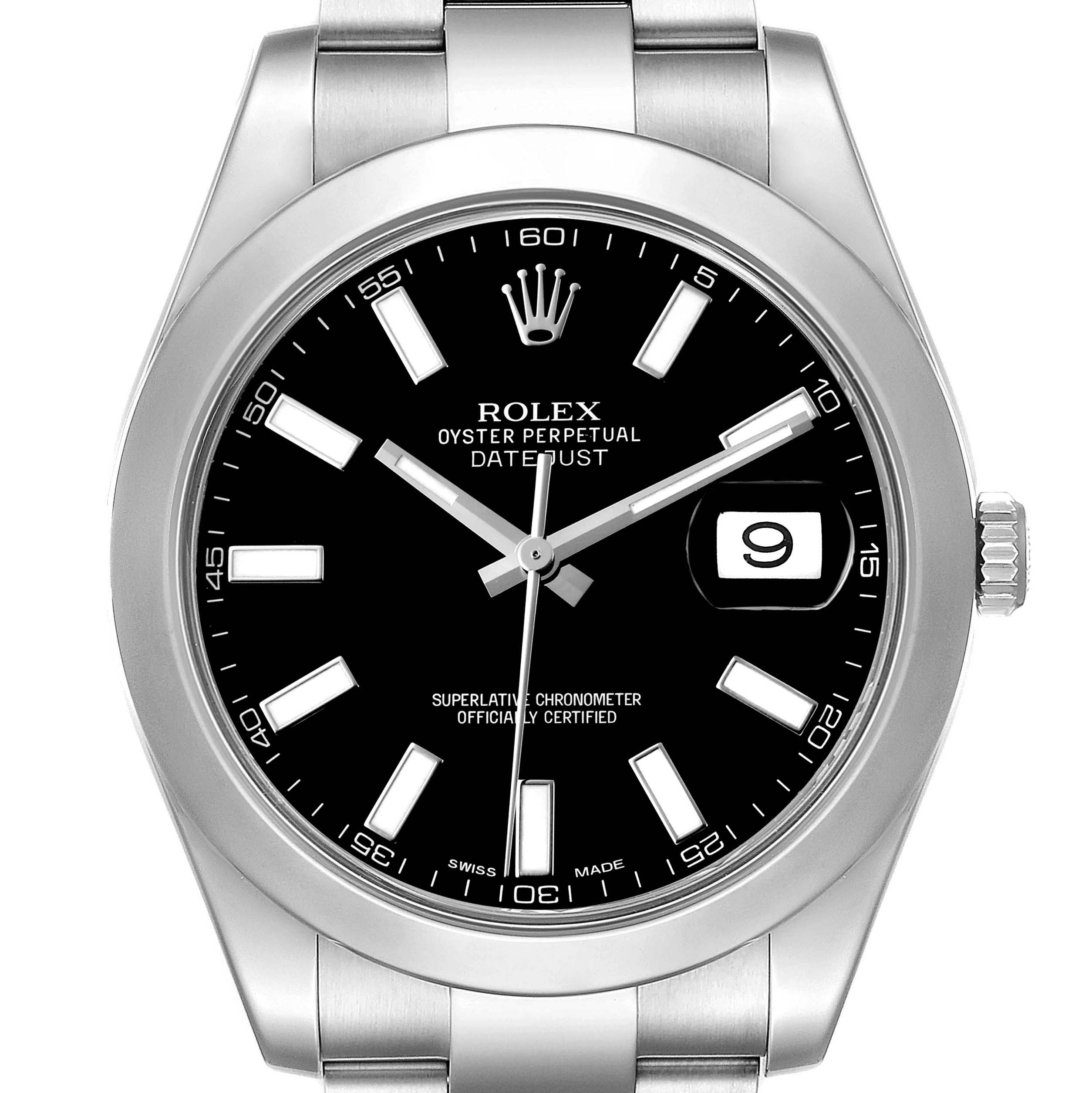 The Rolex Datejust 41 116300 Men's Stainless Steel Black Dial is shown from the front, highlighting the dial, bezel, crown, and part of the bracelet.