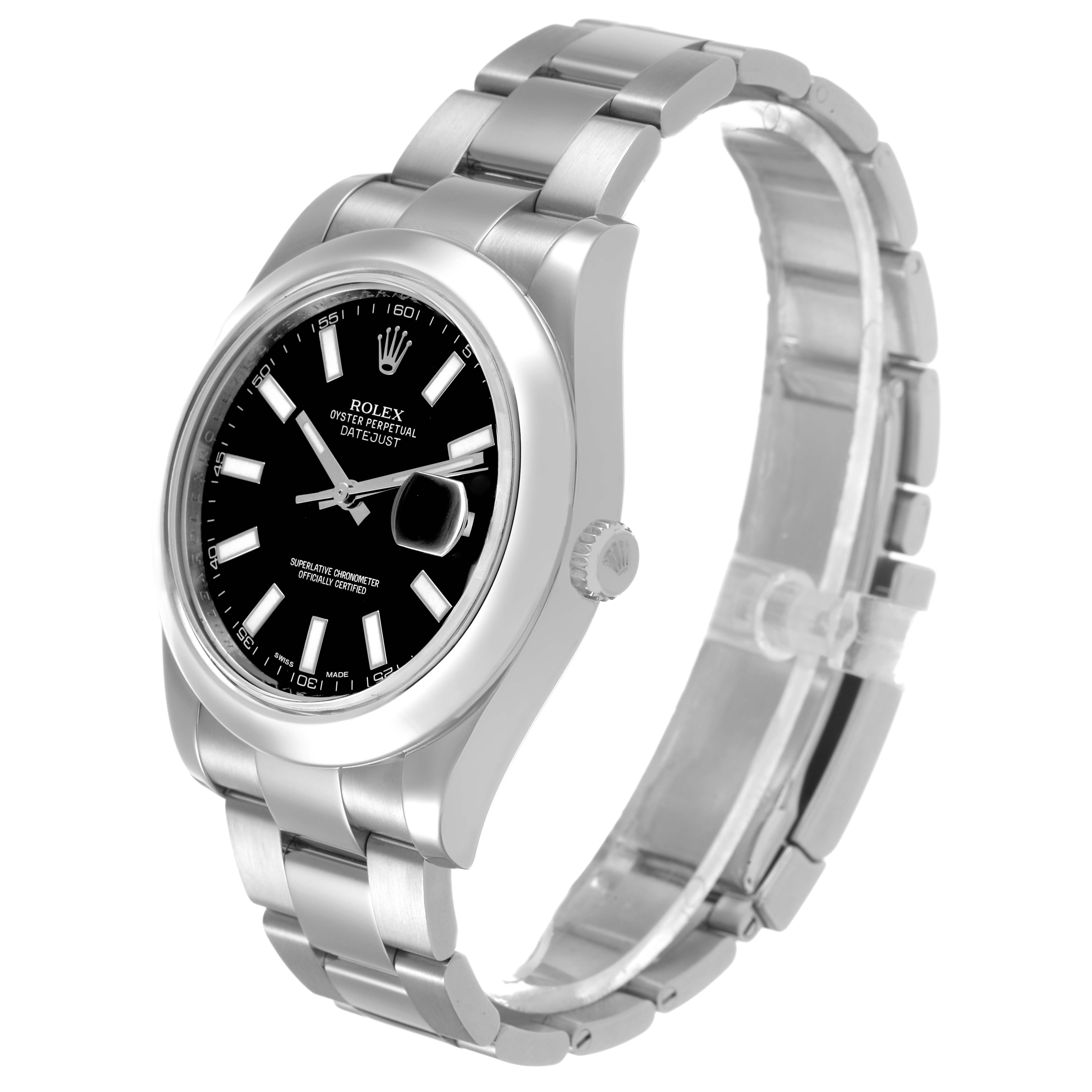 The Rolex Datejust 41 116300 Men's Stainless Steel Black Dial is shown at a slight angle displaying the case, bezel, bracelet, and crown.