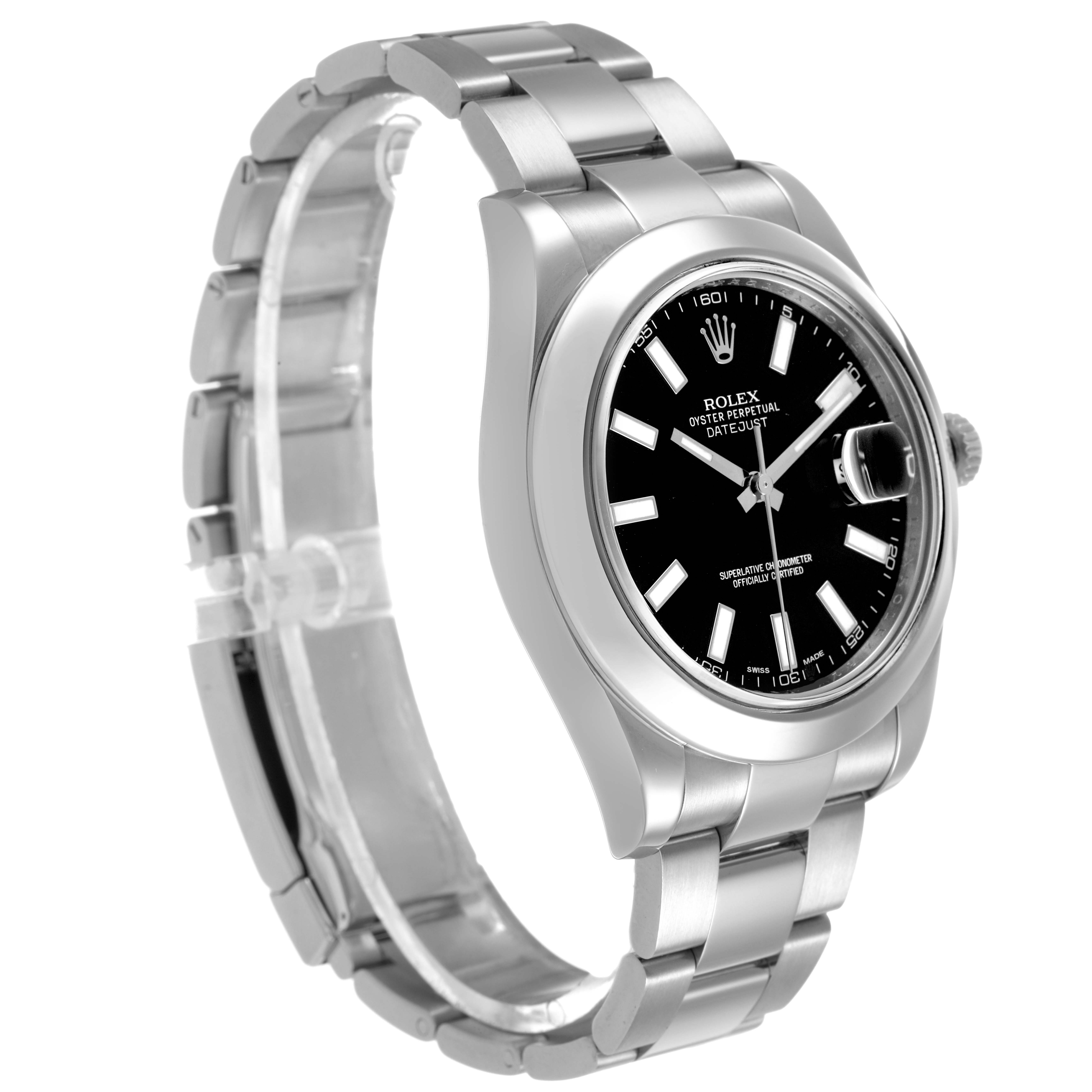 The Rolex Datejust 41 116300 Men's Stainless Steel Black Dial is shown at a three-quarter angle, highlighting the black dial, bezel, bracelet, and cyclops lens.