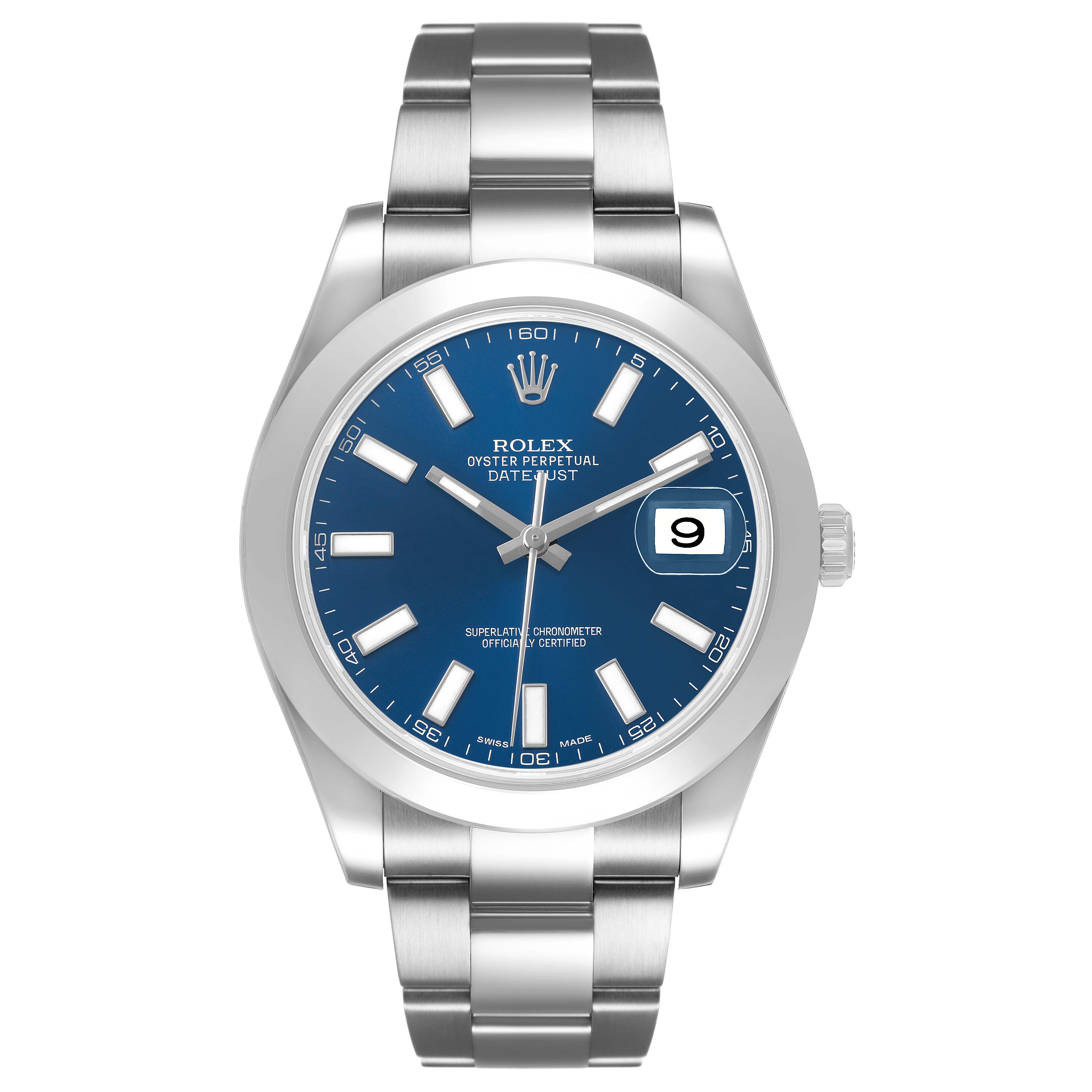 The Rolex Datejust 41 116300 Men's Stainless Steel Blue Dial is shown from a front angle, highlighting its blue dial, silver hour markers, and metal bracelet.