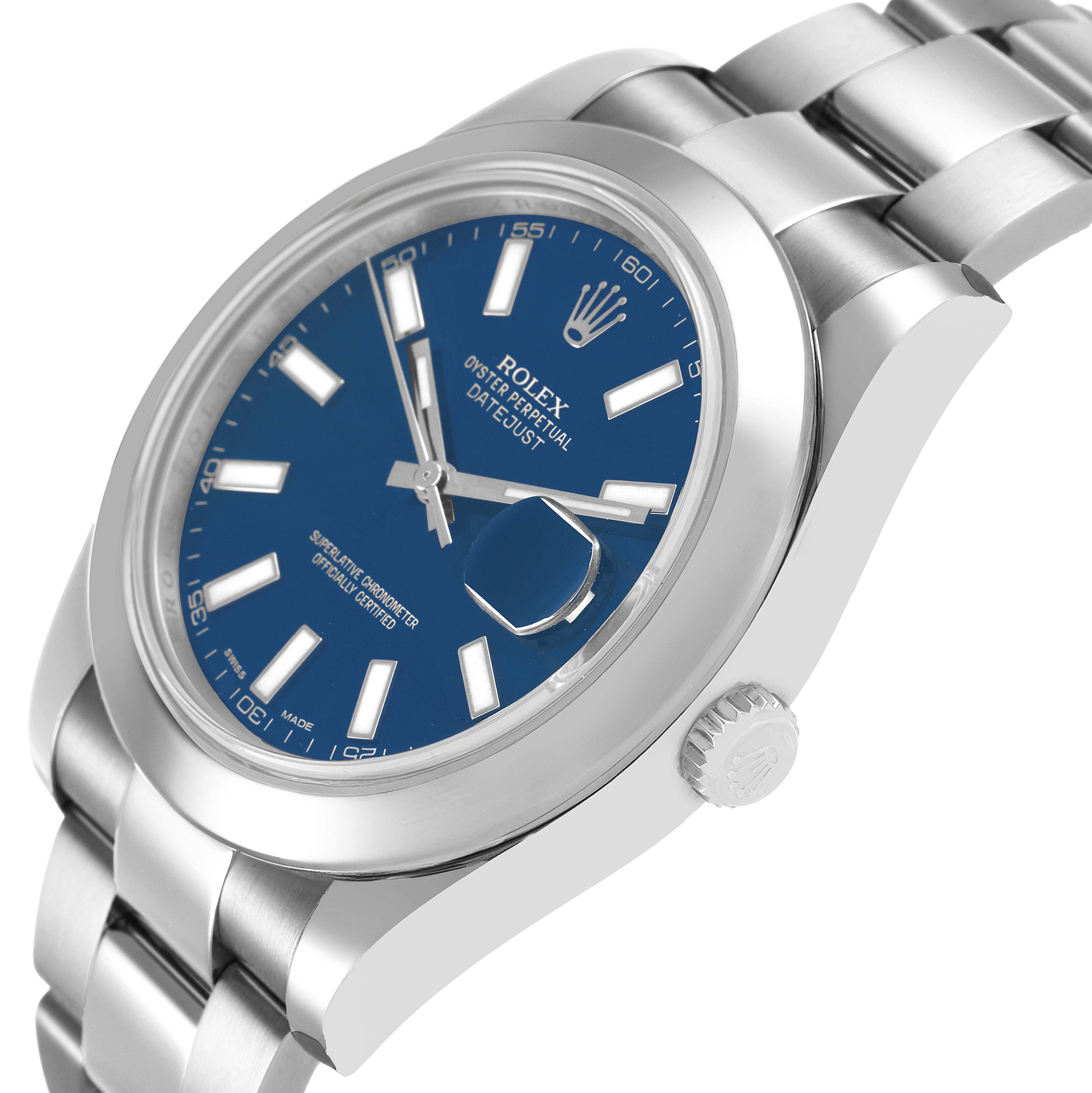 The Rolex Datejust 41 116300 Men's Stainless Steel Blue Dial is shown from a slightly angled side view, highlighting the blue dial, watch case, and bracelet.