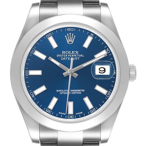 The Rolex Datejust 41 116300 Men's Stainless Steel Blue Dial is shown from the front, highlighting its blue dial, hour markers, and date window.