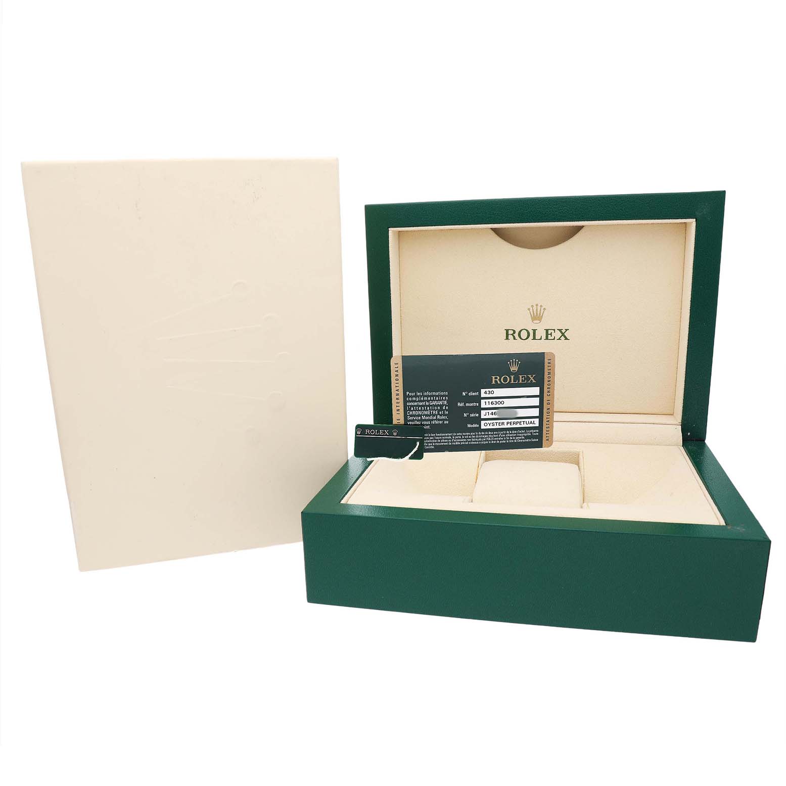 The image shows a green Rolex Datejust 41 116300 Men's Stainless Steel Blue Dial box and cream interior with a warranty card, photographed from the front.