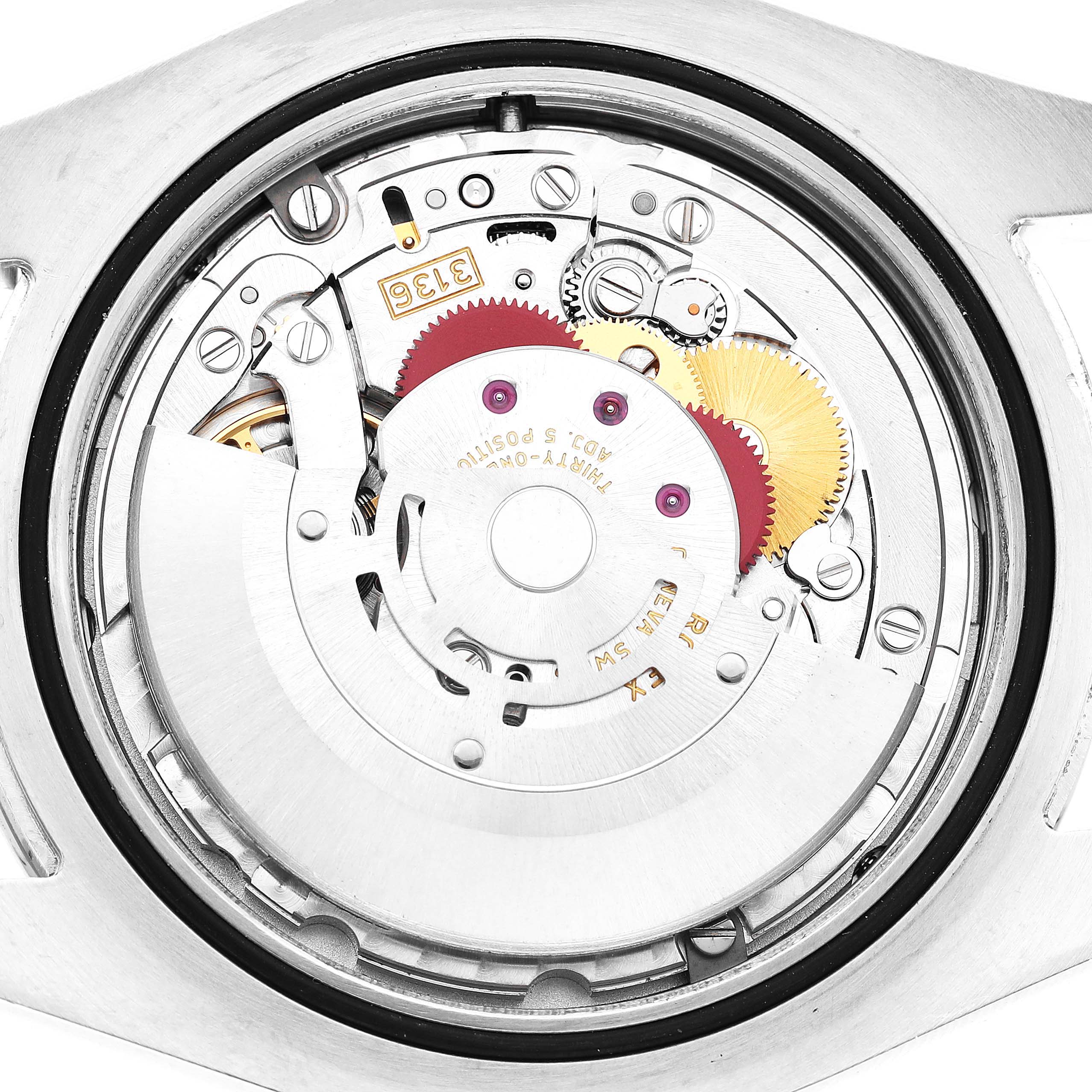 The image shows the movement and intricate components of a Rolex Datejust 41 116300 Men's Stainless Steel Blue Dial watch, viewed from the back.