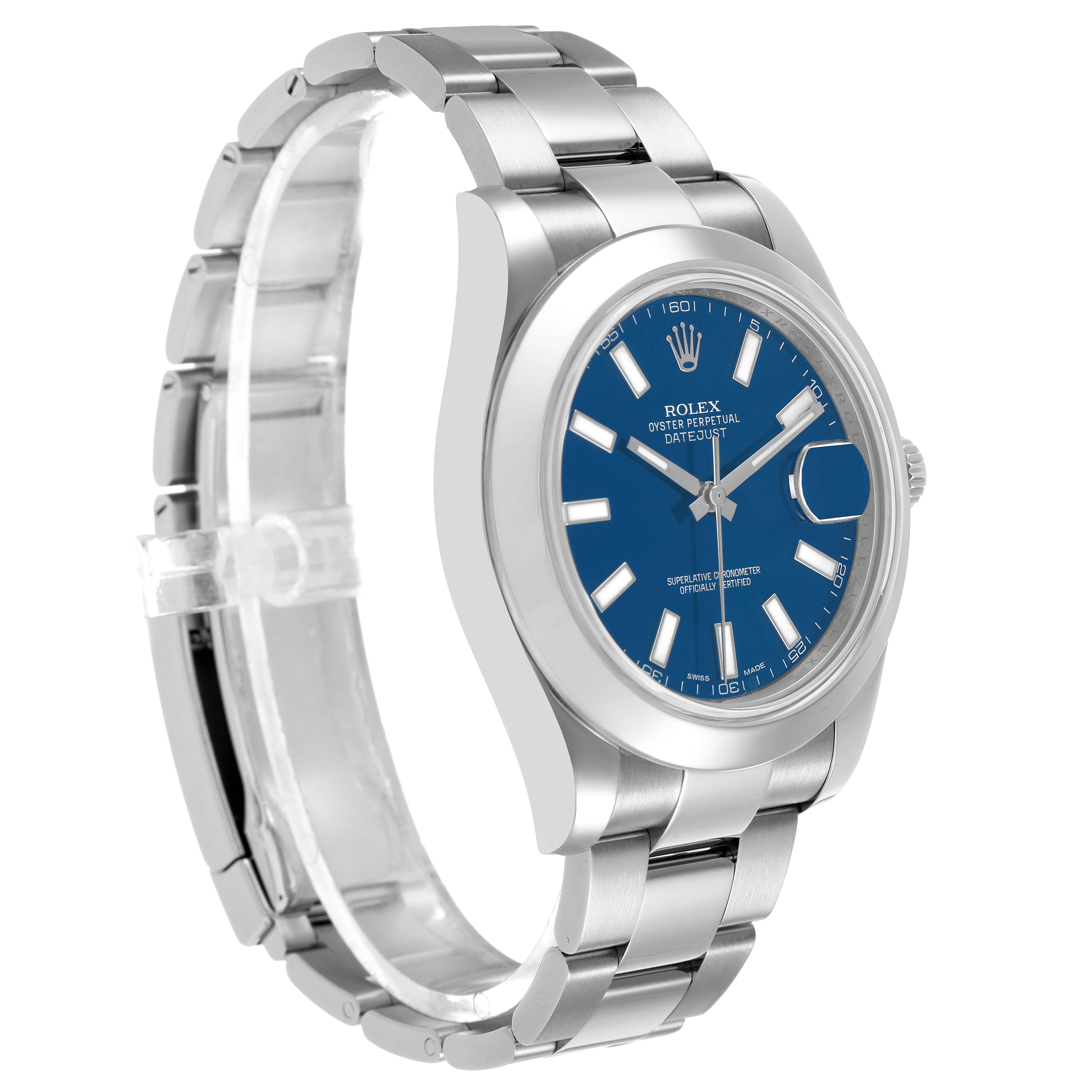 The Rolex Datejust 41 116300 Men's Stainless Steel Blue Dial is shown at a three-quarter angle, highlighting the blue dial, case, and metal bracelet.