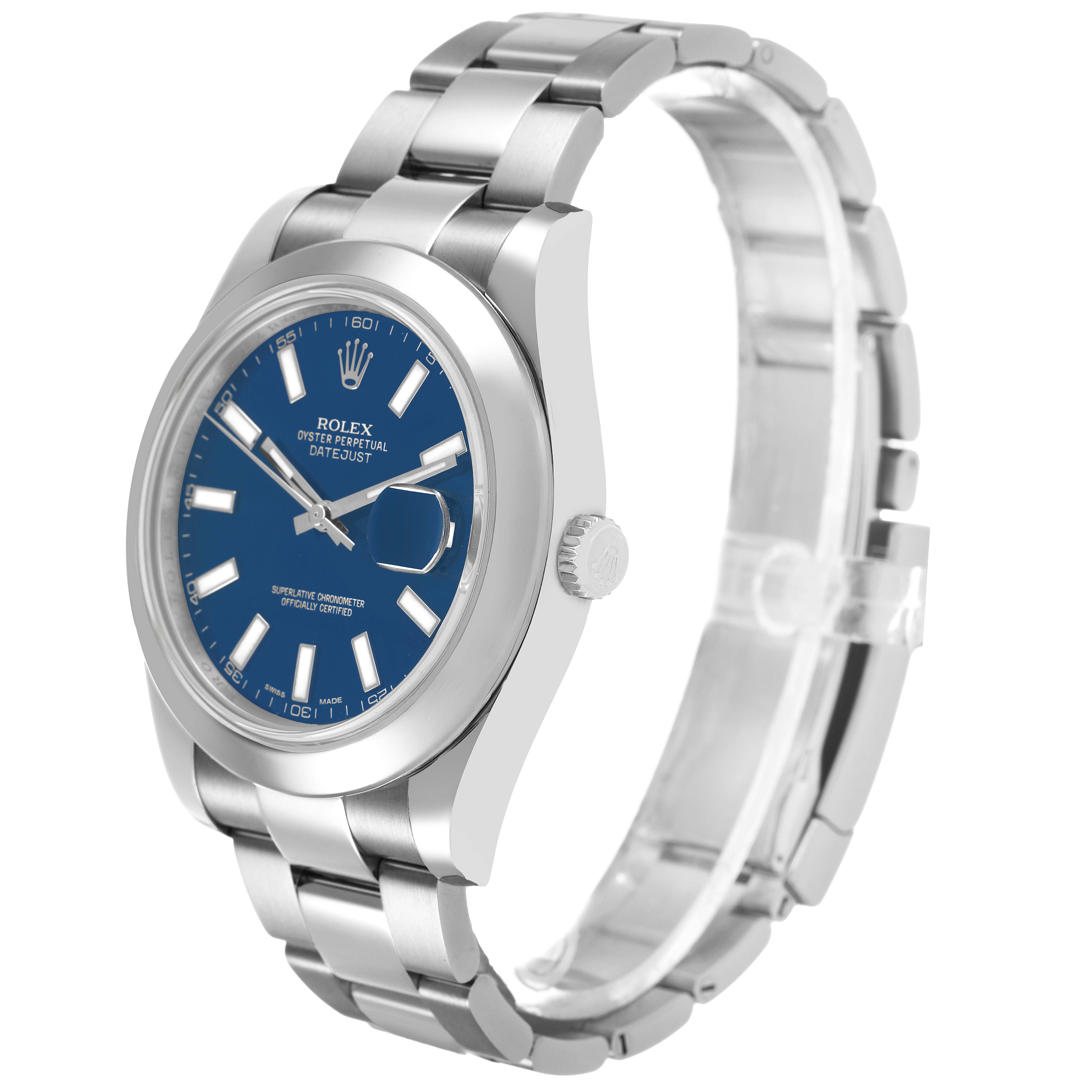 The Rolex Datejust 41 116300 Men's Stainless Steel Blue Dial is shown at a three-quarter angle displaying the blue dial, bezel, crown, and bracelet.