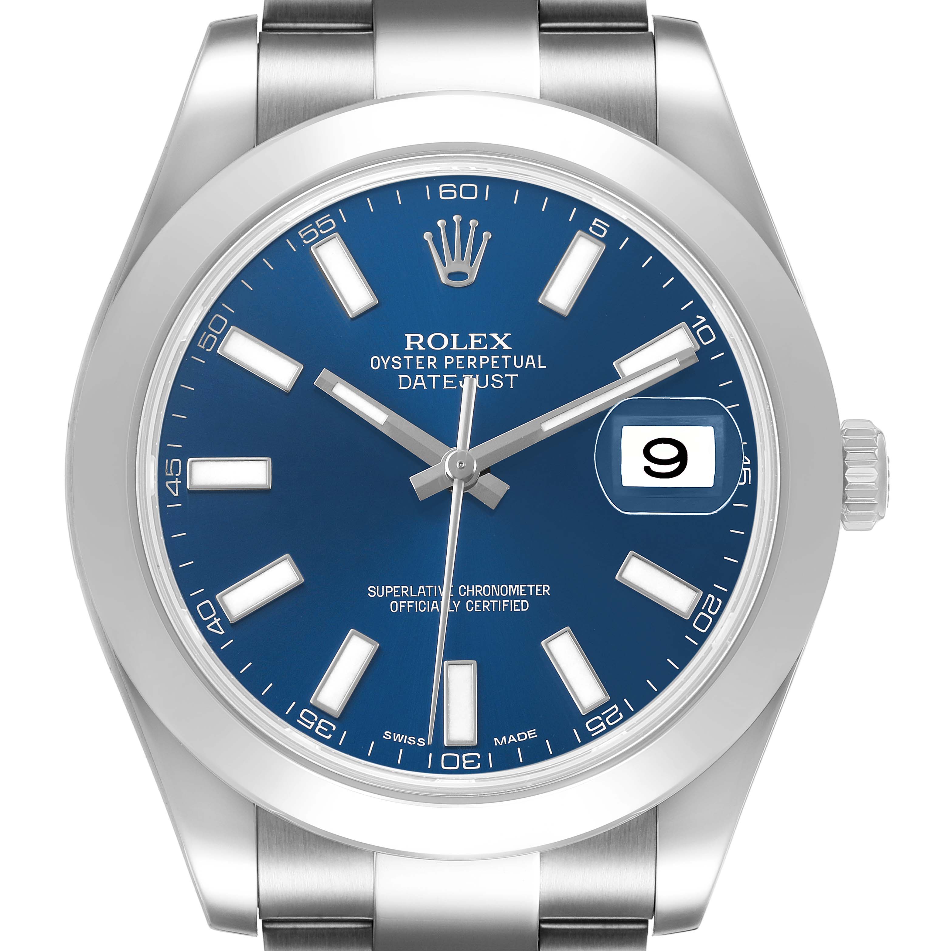 The Rolex Datejust 41 116300 Men's Stainless Steel Blue Dial watch is shown from a front angle, displaying the blue dial, markers, bezel, and bracelet.
