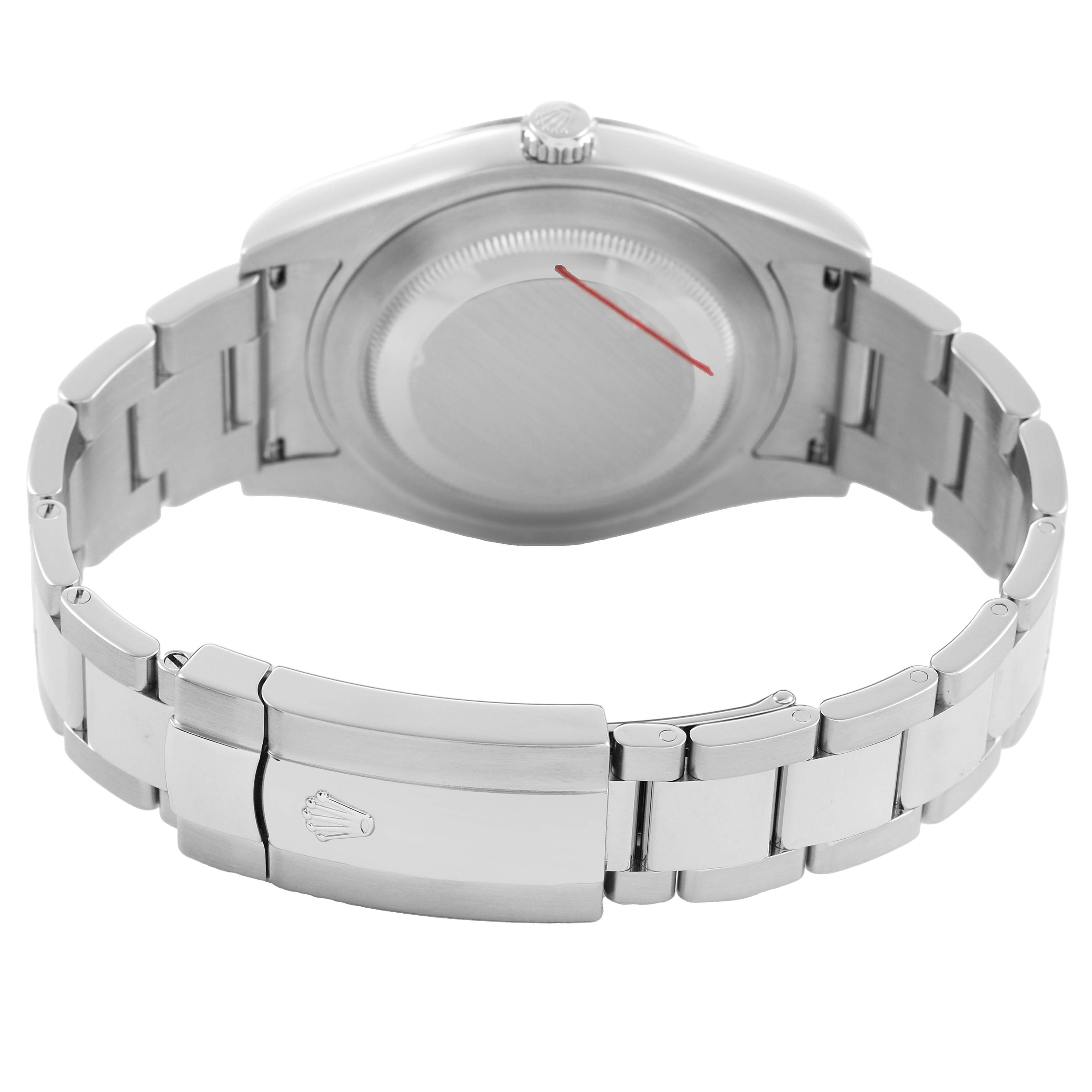 The image shows the Rolex Datejust 41 116334 Men's Stainless Steel Silver Dial watch from the back, highlighting the case back and the bracelet clasp.