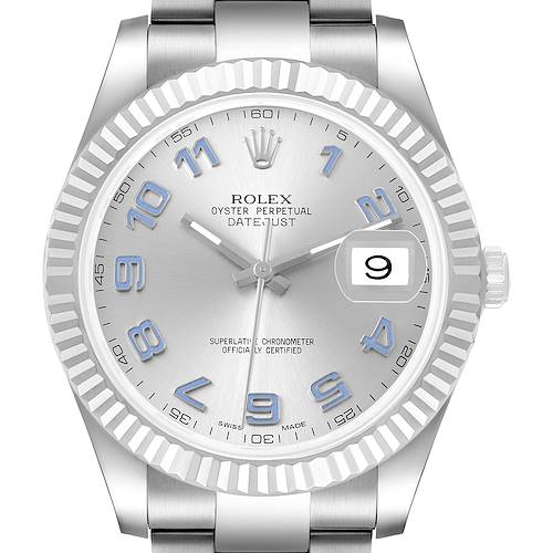 The Rolex Datejust 41 116334 Men's Stainless Steel Silver Dial watch is shown from a front angle, highlighting the dial, bezel, and bracelet.