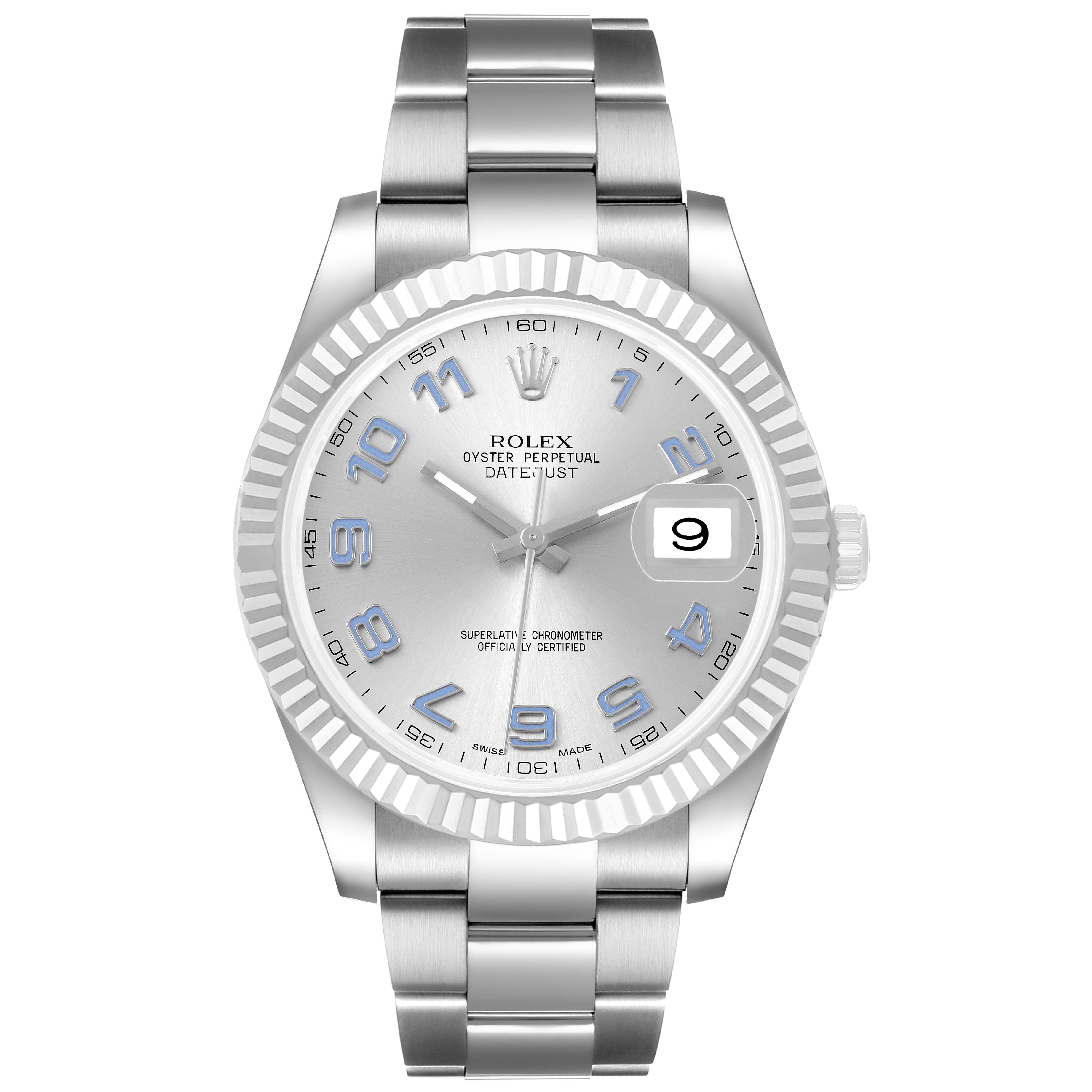 The Rolex Datejust 41 116334 Men's Stainless Steel Silver Dial watch is shown from a front angle, displaying the dial, bezel, and bracelet.