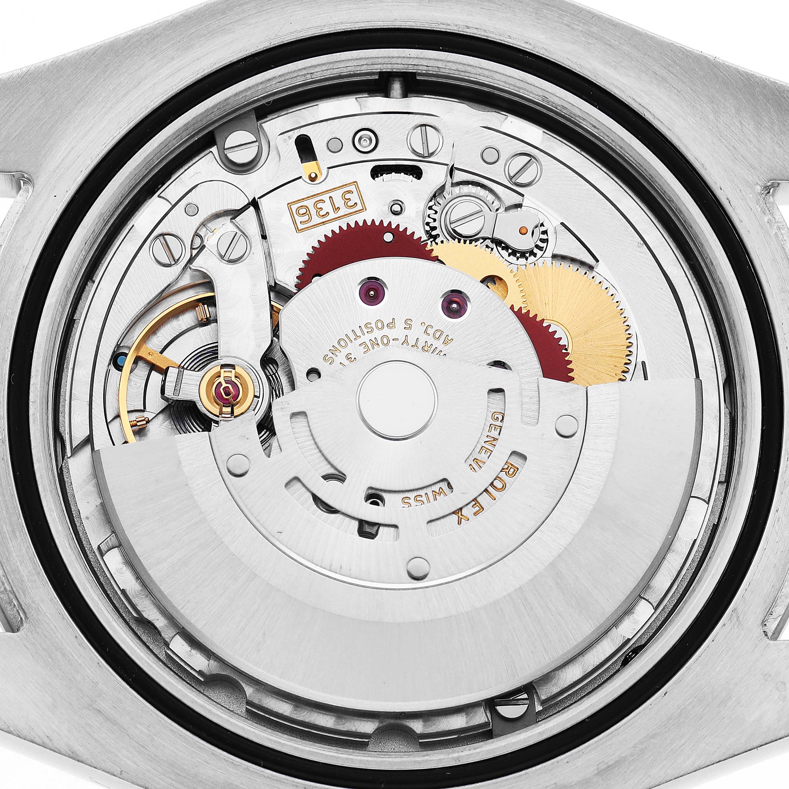 The image shows the movement mechanism of a Rolex Datejust 41 116334 Men's Stainless Steel Silver Dial, viewed from the back.