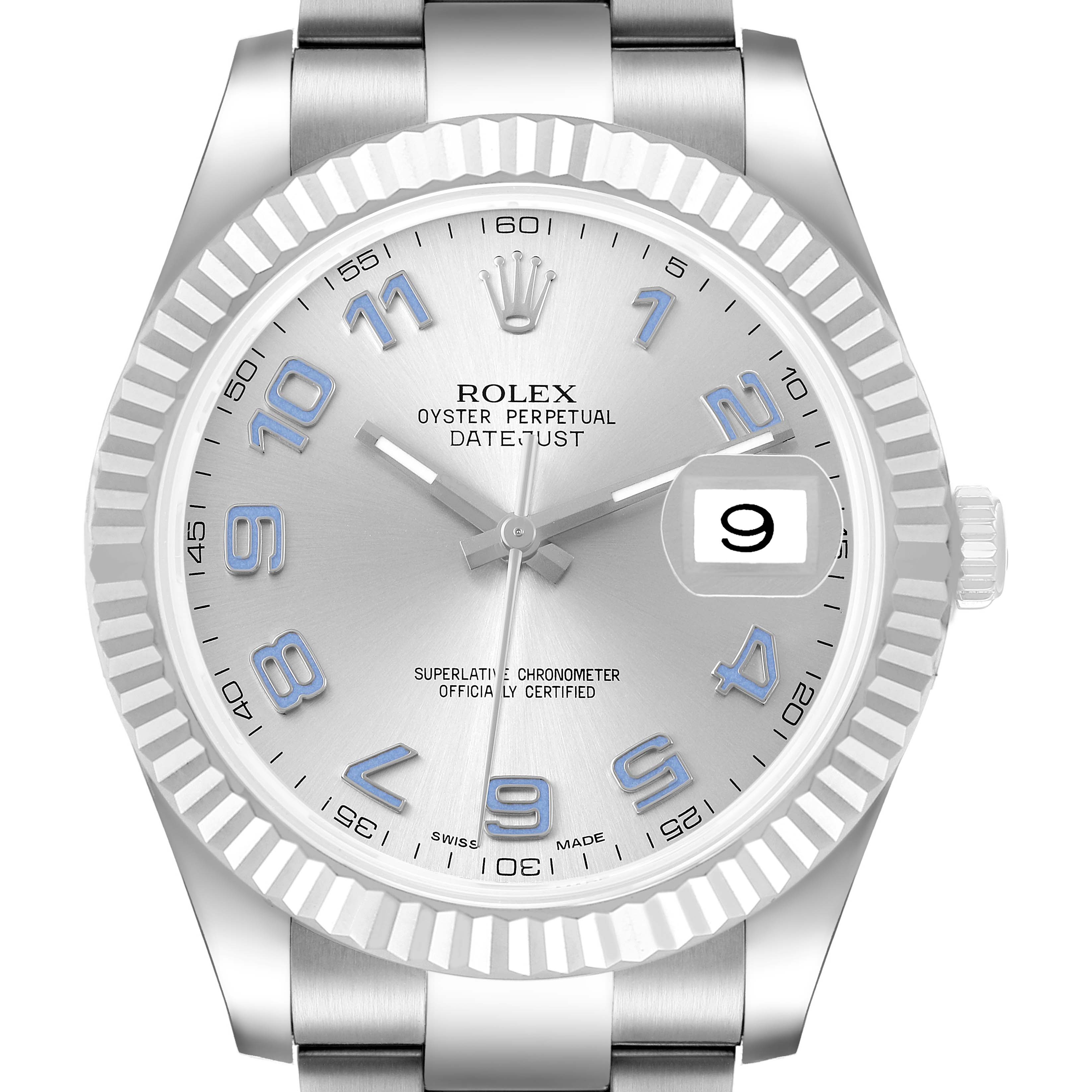 The Rolex Datejust 41 116334 Men's Stainless Steel Silver Dial is shown from a front angle, highlighting the dial, bezel, hands, and date magnifier.