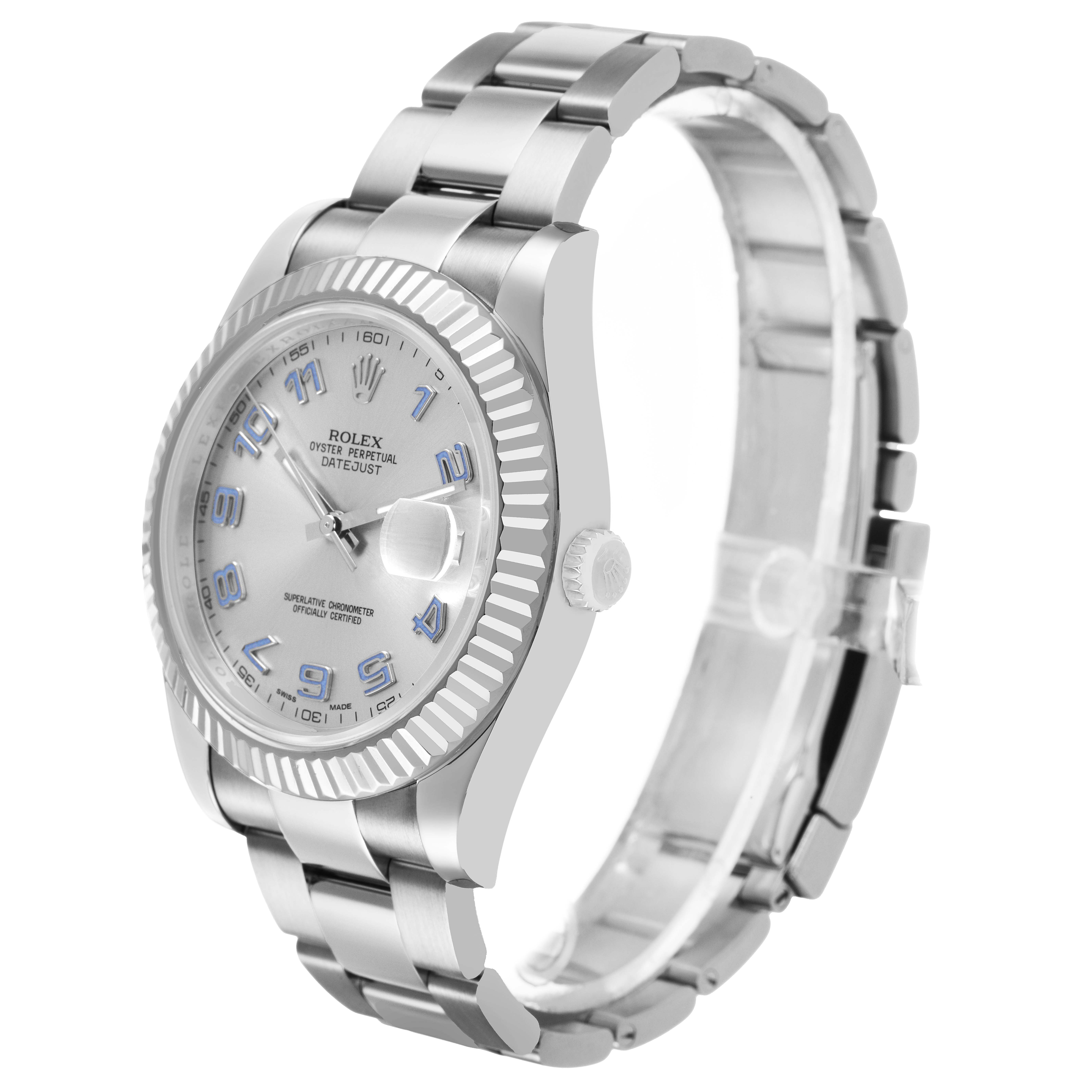 The Rolex Datejust 41 116334 Men's Stainless Steel Silver Dial is shown at a three-quarter angle highlighting the face, fluted bezel, and bracelet.