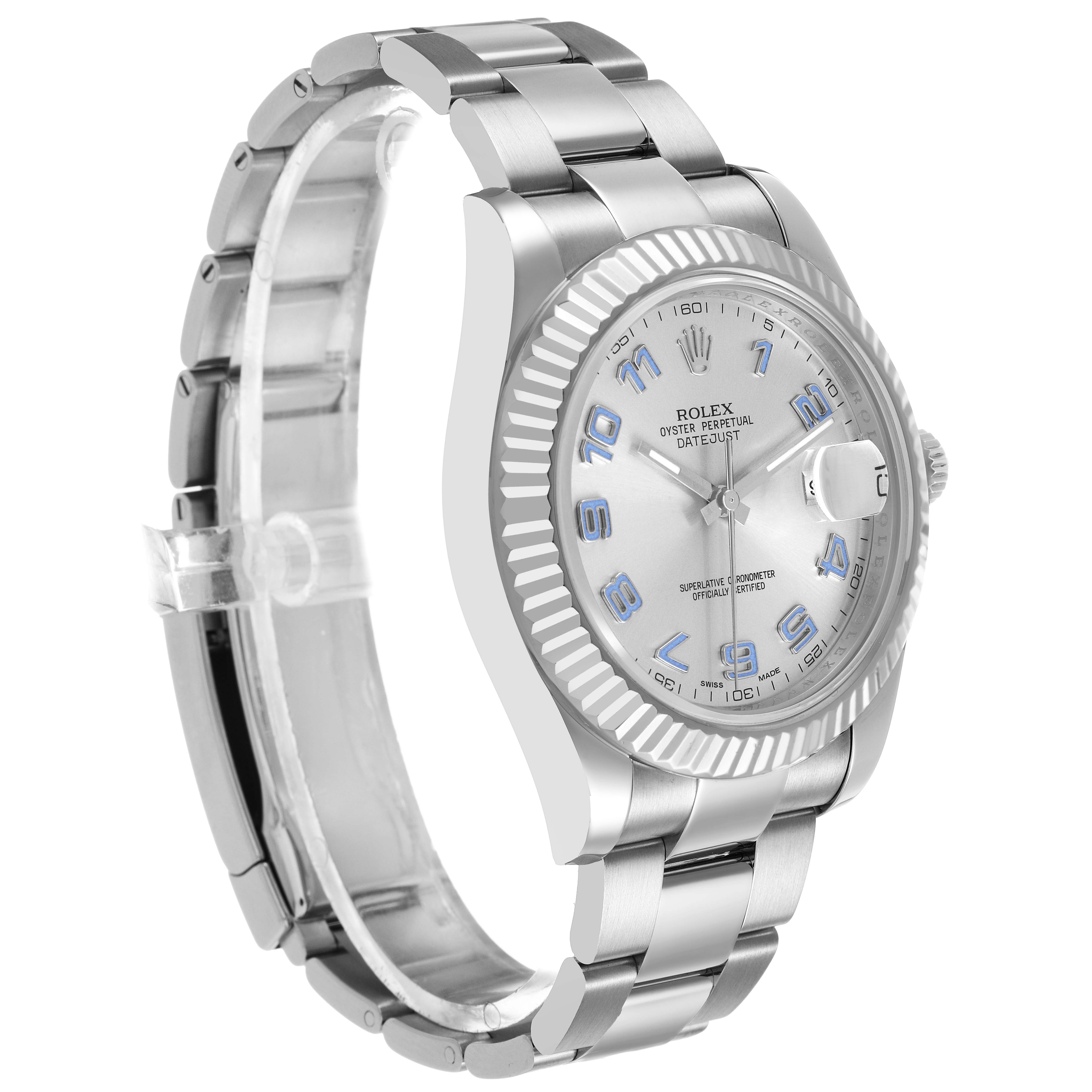 The Rolex Datejust 41 116334 Men's Stainless Steel Silver Dial is shown at a three-quarter angle, highlighting the dial, bezel, and bracelet.