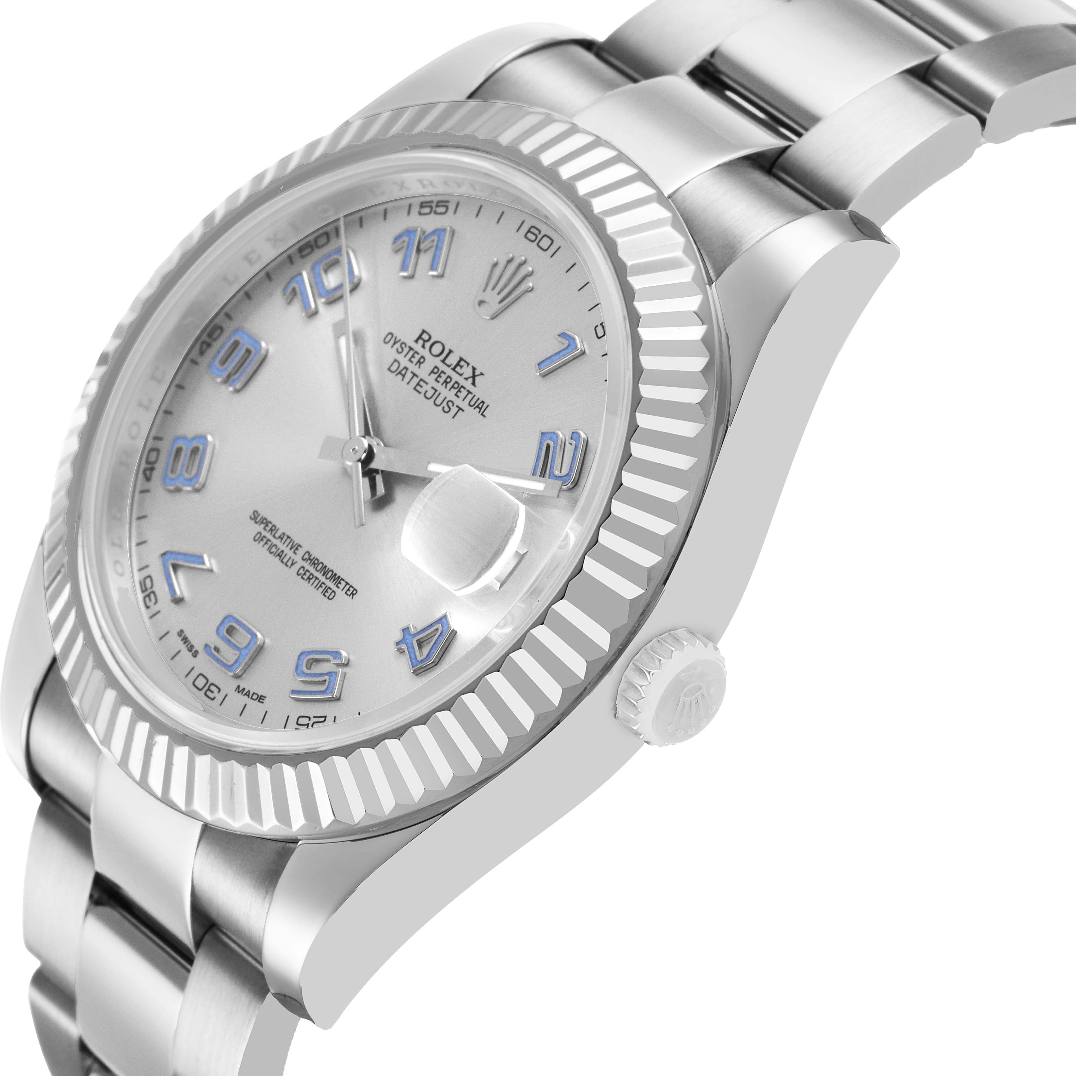 The Rolex Datejust 41 116334 Men's Stainless Steel Silver Dial watch is shown at a slight angle highlighting the dial, bezel, crown, and part of the bracelet.