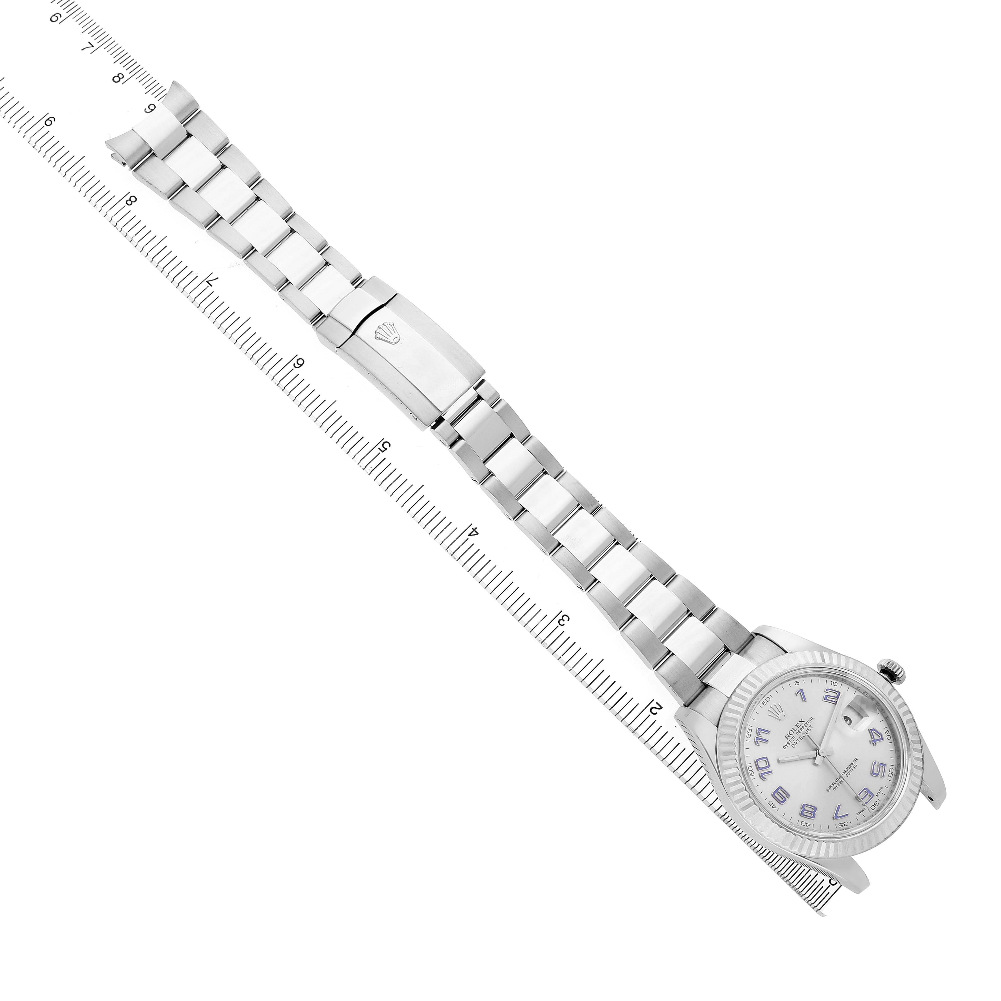 The Rolex Datejust 41 116334 Men's Stainless Steel Silver Dial watch is shown flat from an overhead angle, displaying the face and entire bracelet.