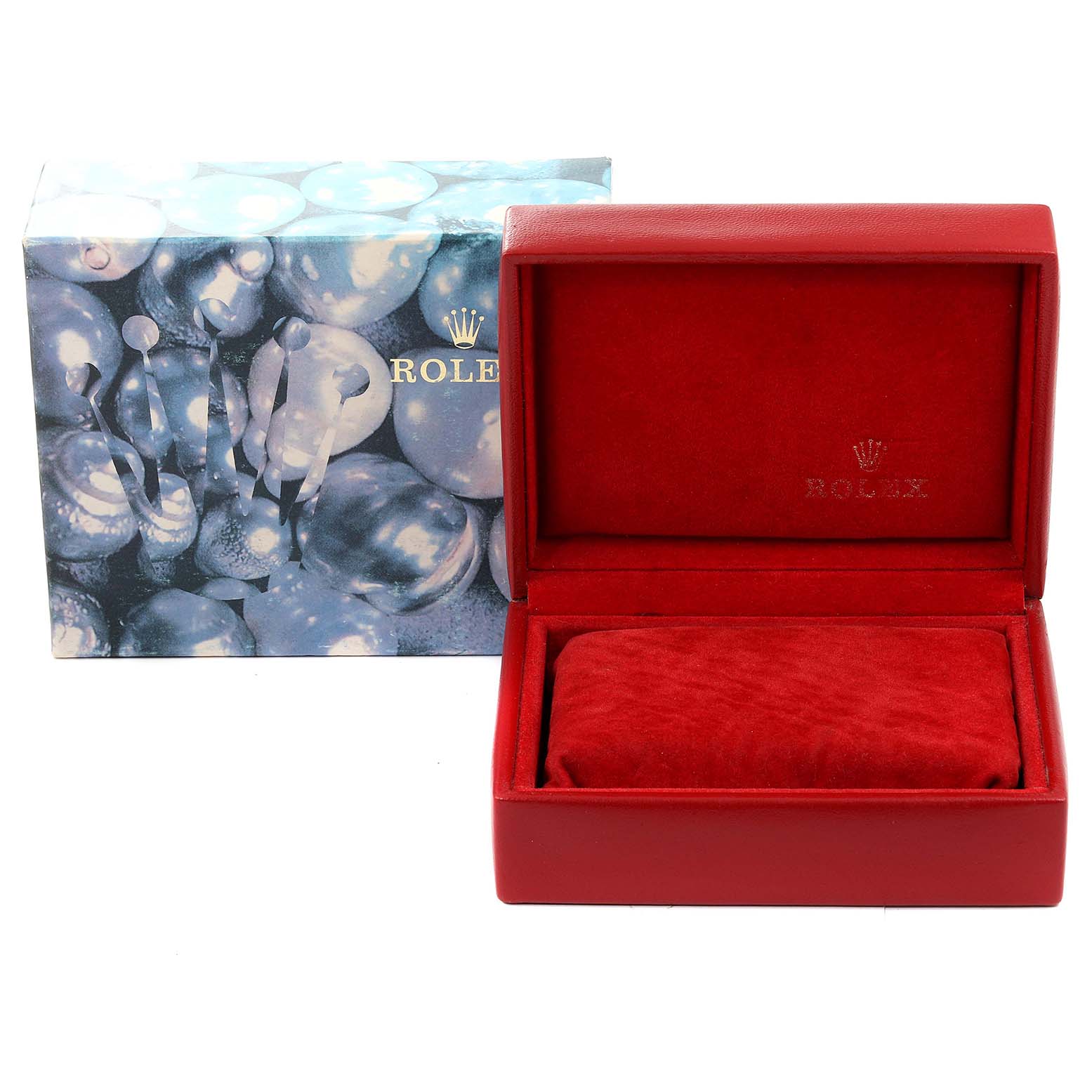 The image shows a Datejust by Rolex box and packaging, both at eye level, with the box open displaying its interior.