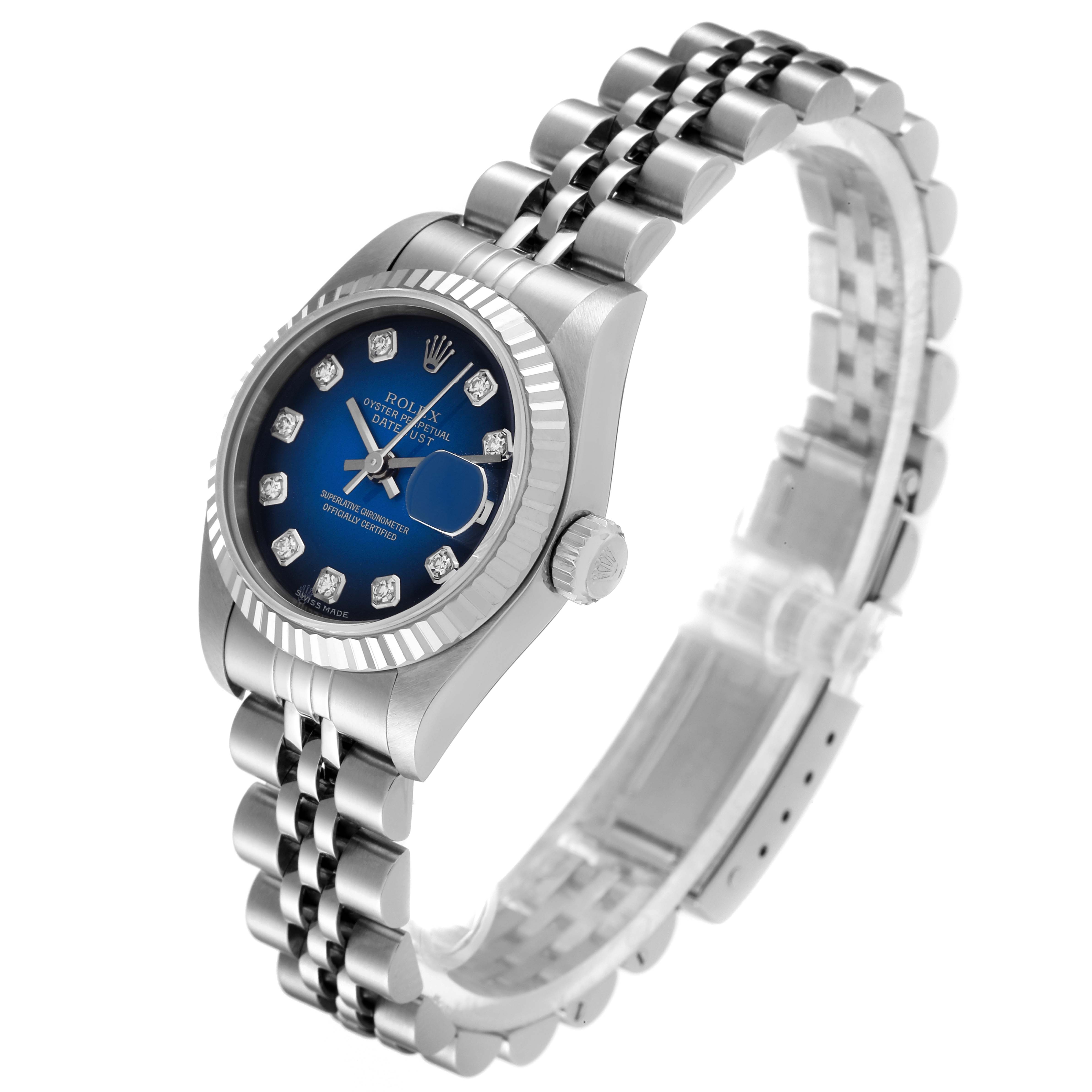 This image shows a Rolex Datejust 79174 Women's Stainless Steel Blue Dial 79174 Women's Stainless Steel Blue Dial watch at a 45-degree angle, capturing the face, bezel, bracelet, and crown.