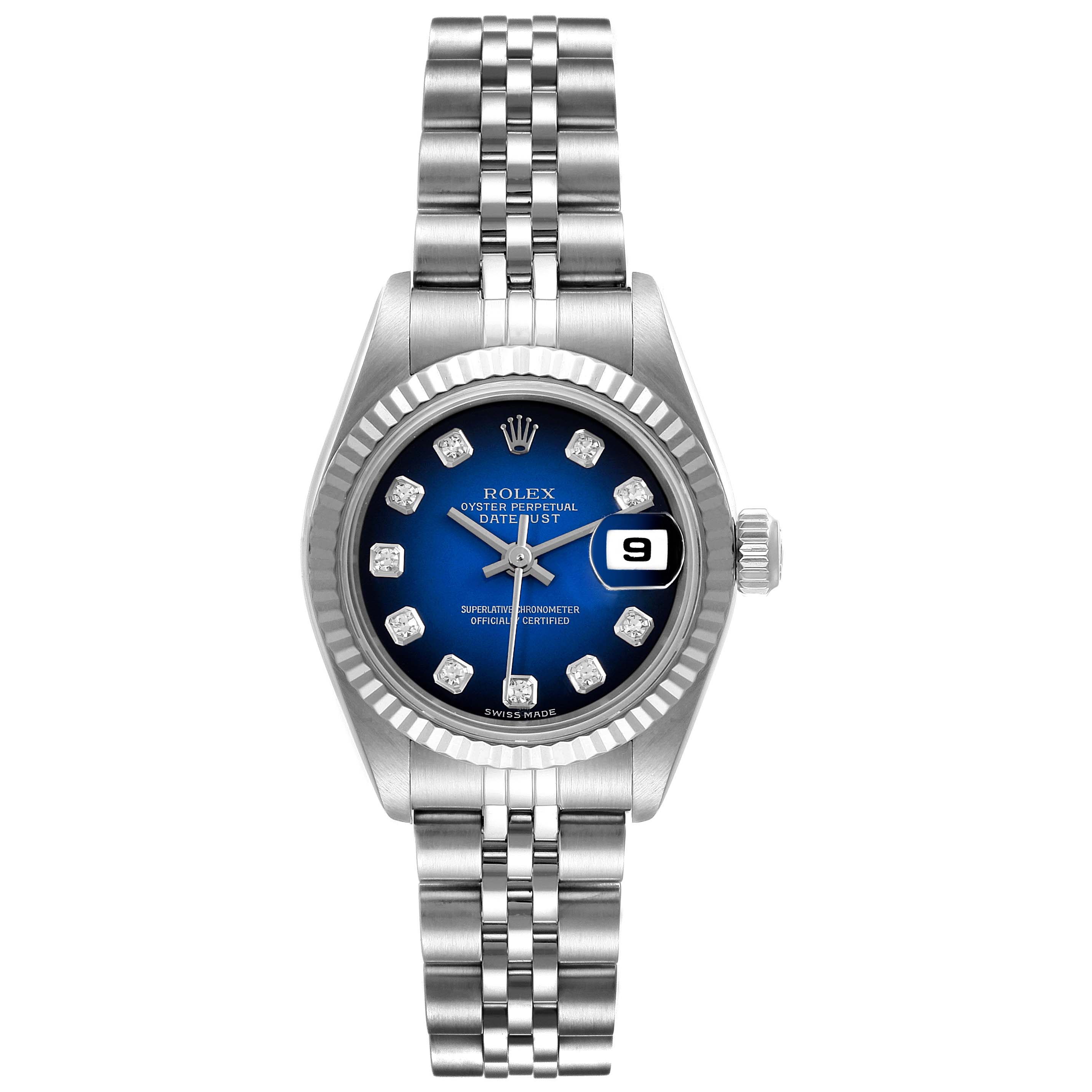 This image shows a frontal view of the Rolex Datejust 79174 Women's Stainless Steel Blue Dial 79174 Women's Stainless Steel Blue Dial model, displaying its face, bracelet, and date window.