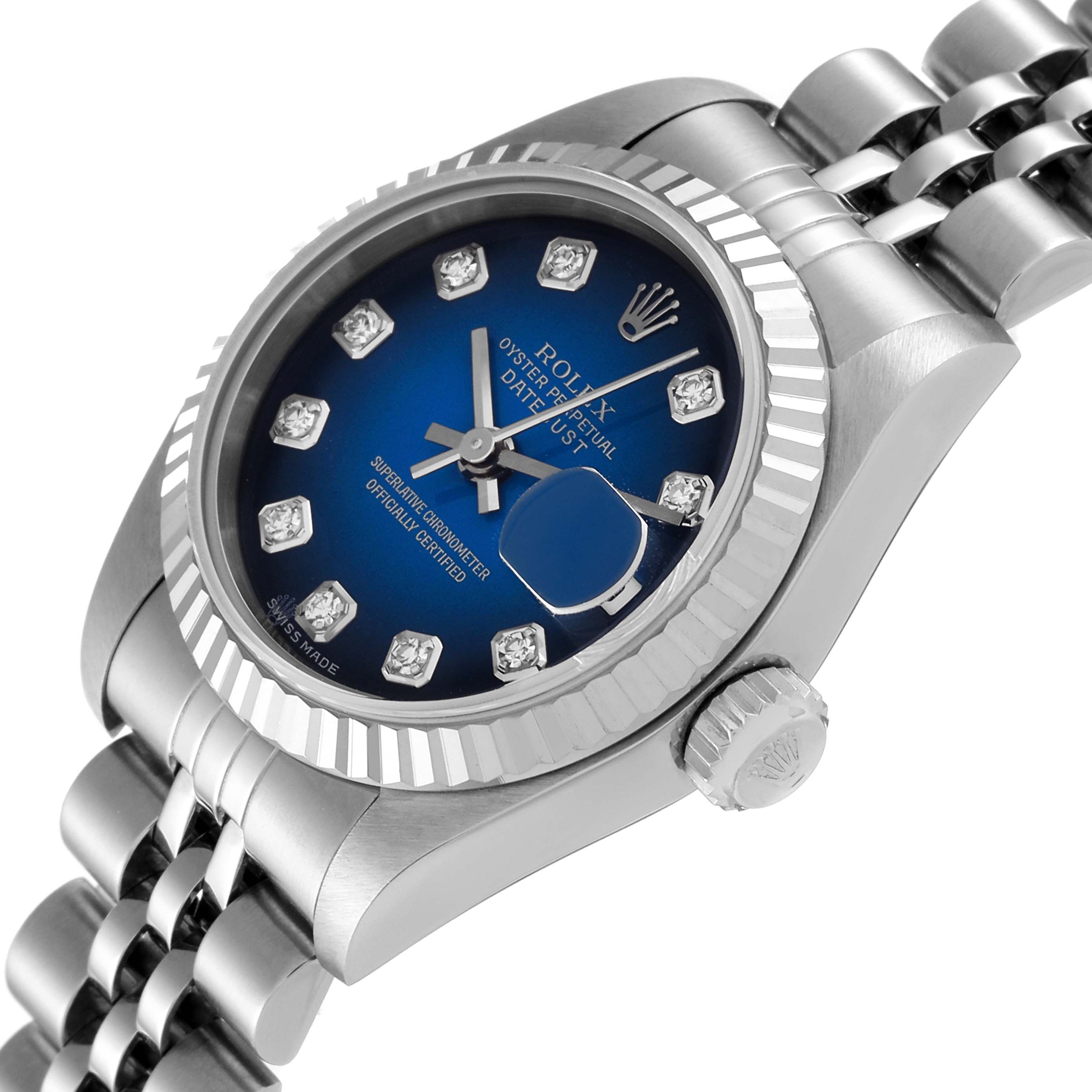 The image shows a Rolex Datejust 79174 Women's Stainless Steel Blue Dial 79174 Women's Stainless Steel Blue Dial watch at an angled view, highlighting the blue dial, bezel, crown, and part of the bracelet.