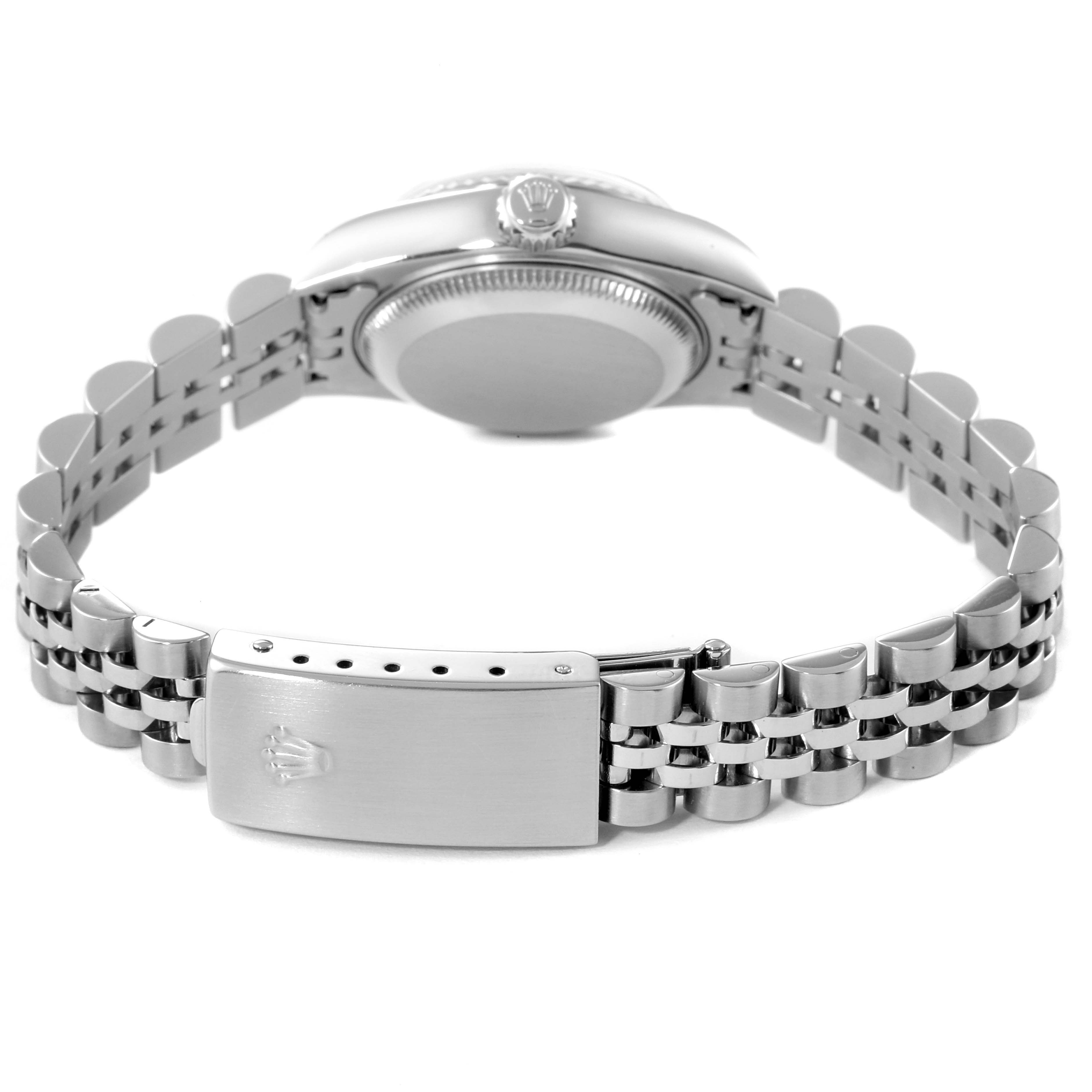 This image shows the back case and bracelet clasp of a Rolex Datejust 79174 Women's Stainless Steel Blue Dial 79174 Women's Stainless Steel Blue Dial watch, viewed from the back.