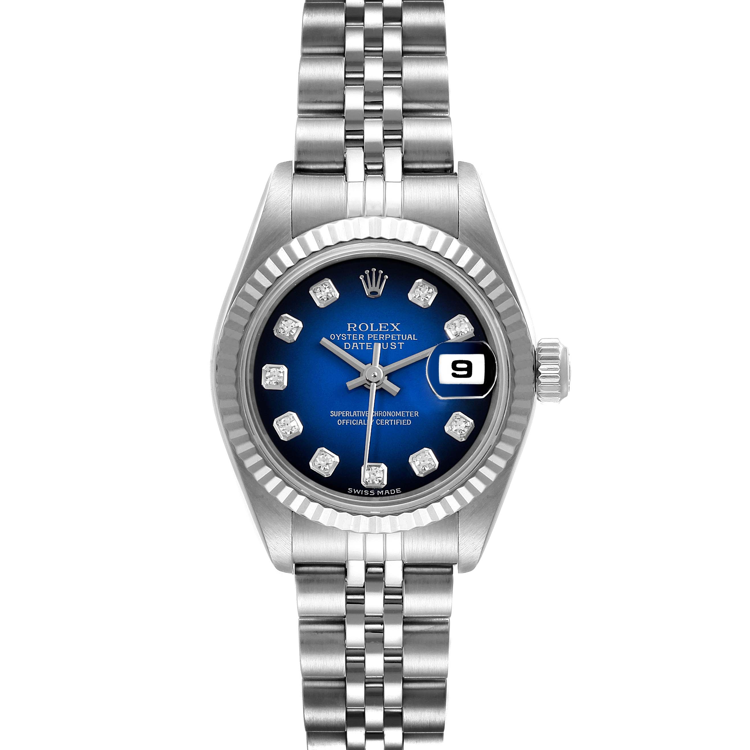 The image shows a Rolex Datejust 79174 Women's Stainless Steel Blue Dial 79174 Women's Stainless Steel Blue Dial watch from a front angle, displaying the face, fluted bezel, and part of the Jubilee bracelet.