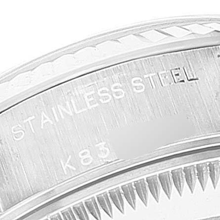 This close-up image shows the stainless steel inscriptions on the bezel of the Rolex Datejust 79174 Women's Stainless Steel Blue Dial 79174 Women's Stainless Steel Blue Dial watch.