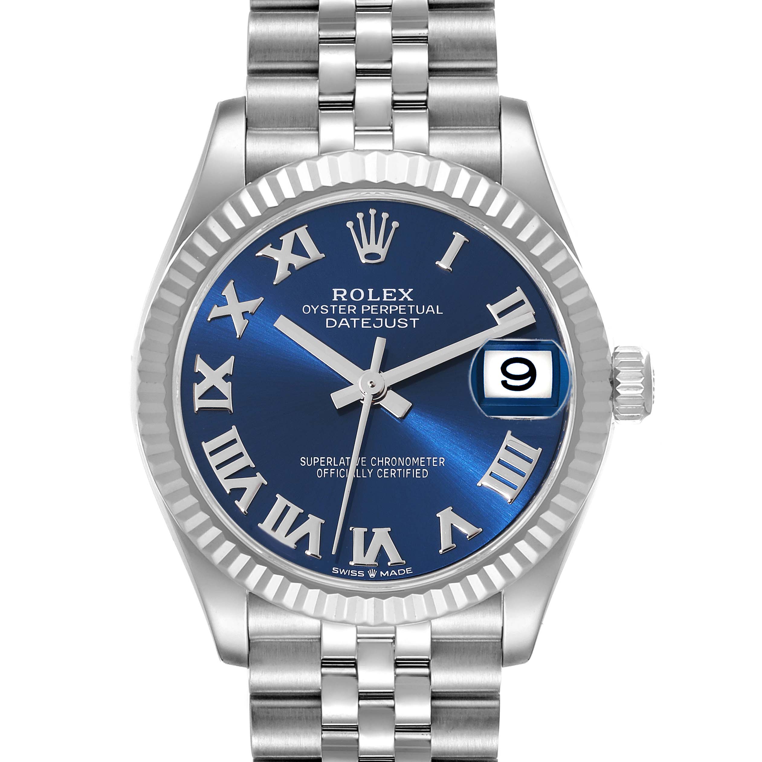 This image shows a Rolex Datejust Mid-Size watch from a front angle, featuring its dial, hands, date window, and part of the bracelet.
