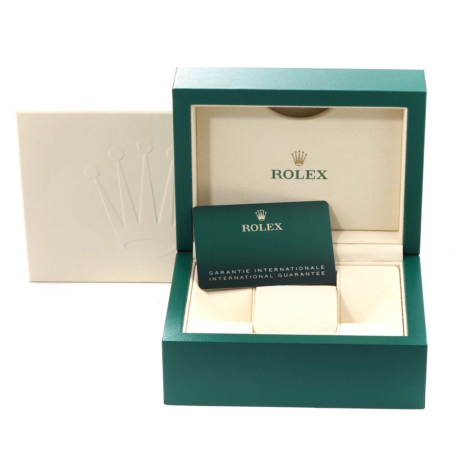 The image shows the open box and warranty card for a Rolex Mid-Size 278274 Women's Stainless Steel Blue Dial 278274 Women's Stainless Steel Blue Dial model watch from a front angle.